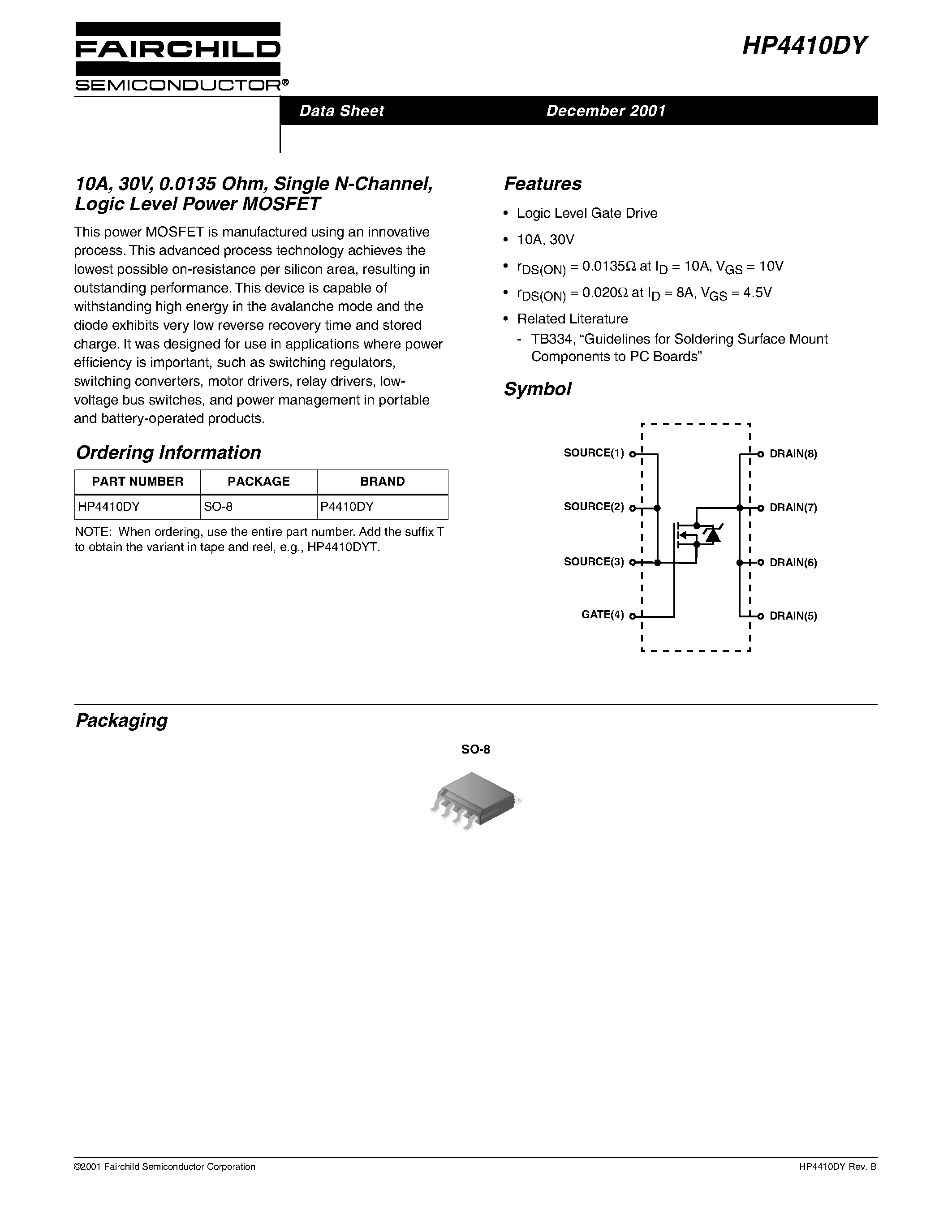 Datasheet HP4410 page 1 Datasheet HP4410 - 10A/ 30V/ 0.0135 Ohm/ Single N-Channel/ Logic Level Power MOSFET page 1