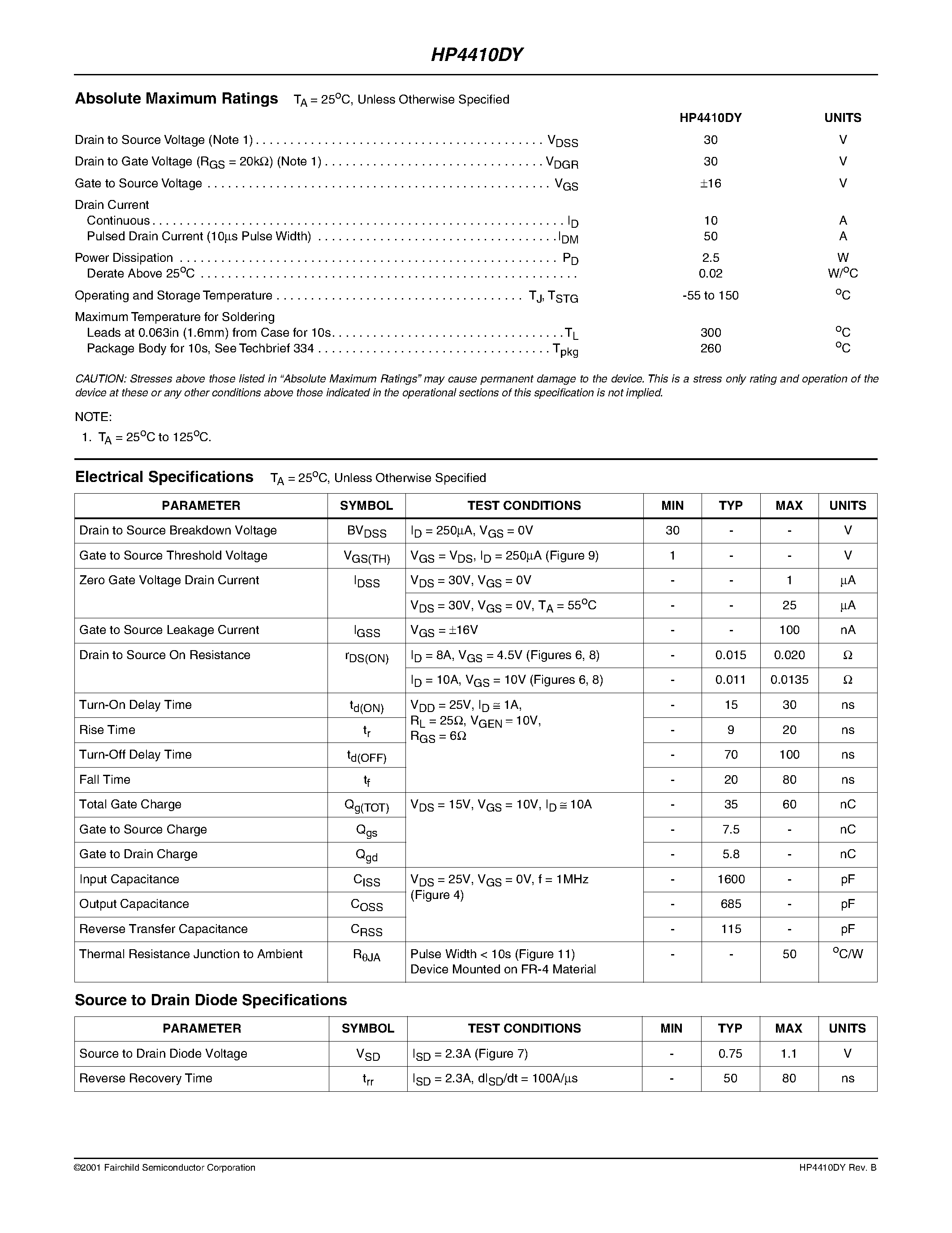 Datasheet HP4410 page 2 Datasheet HP4410 - 10A/ 30V/ 0.0135 Ohm/ Single N-Channel/ Logic Level Power MOSFET page 2