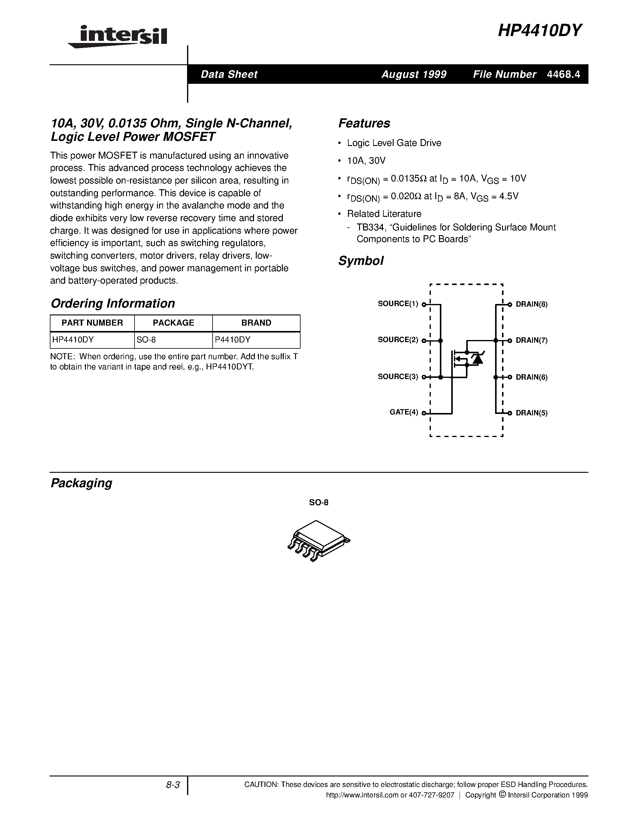 Datasheet HP4410 page 1 Datasheet HP4410 - 10A/ 30V/ 0.0135 Ohm/ Single N-Channel/ Logic Level Power MOSFET page 1