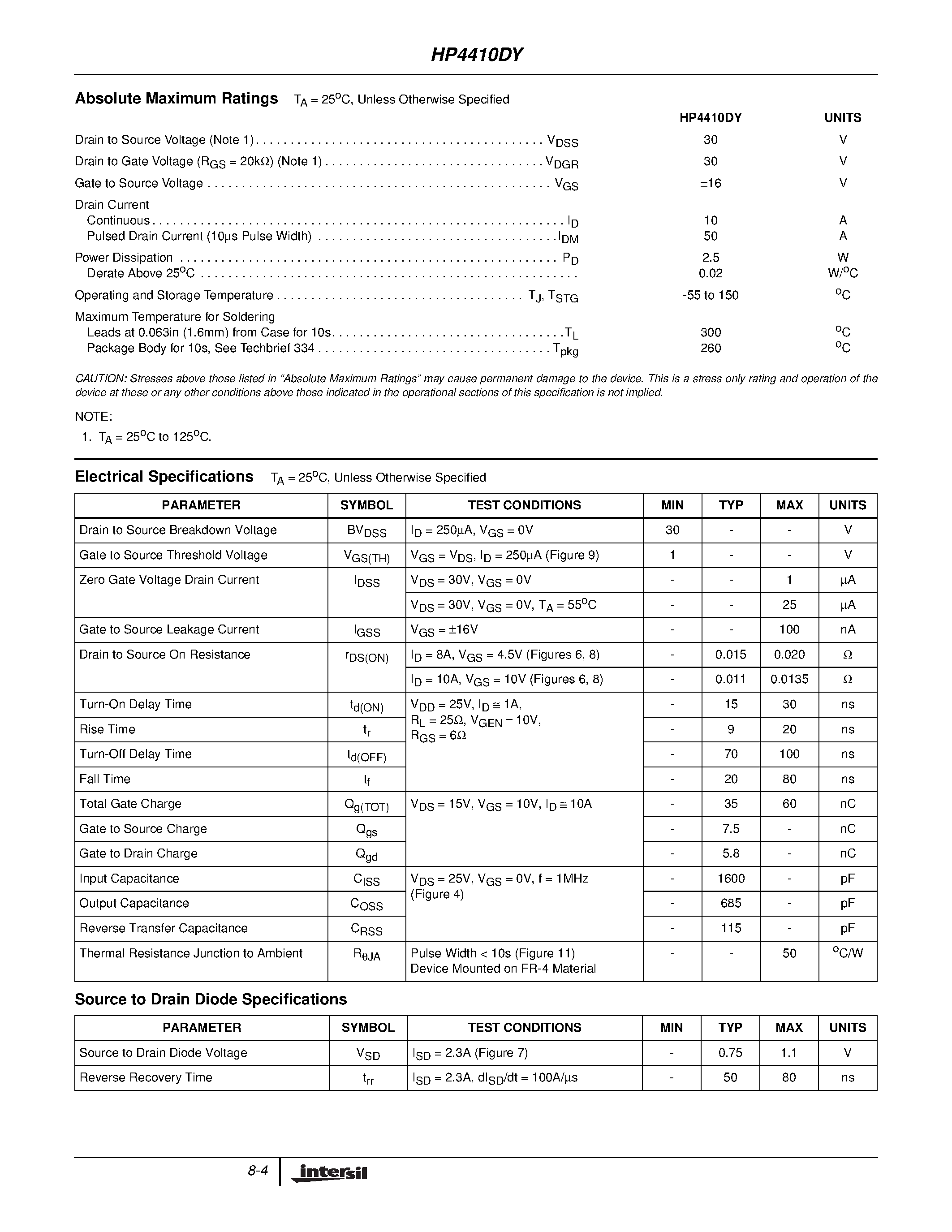 Datasheet HP4410 page 2 Datasheet HP4410 - 10A/ 30V/ 0.0135 Ohm/ Single N-Channel/ Logic Level Power MOSFET page 2