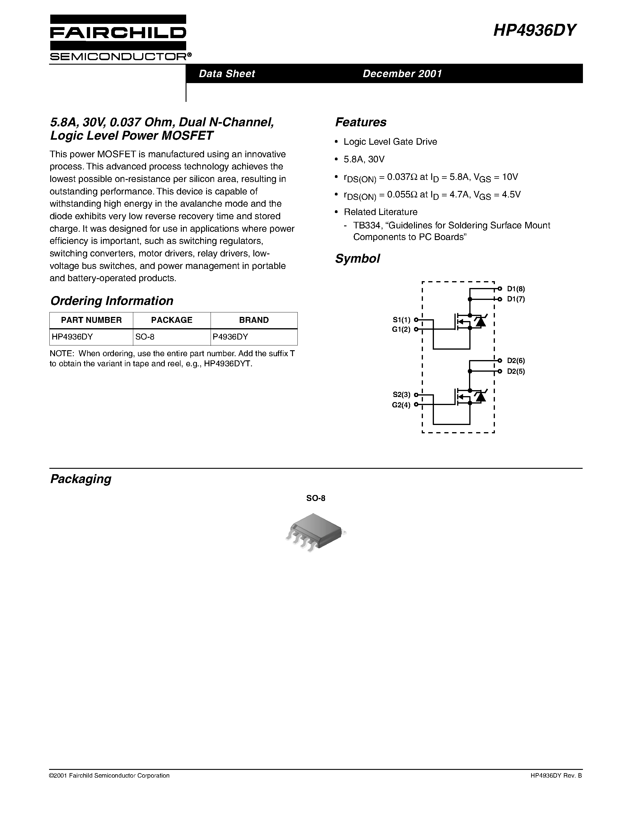 Datasheet HP4936DY - 5.8A/ 30V/ 0.037 Ohm/ Dual N-Channel/ Logic Level Power MOSFET page 1
