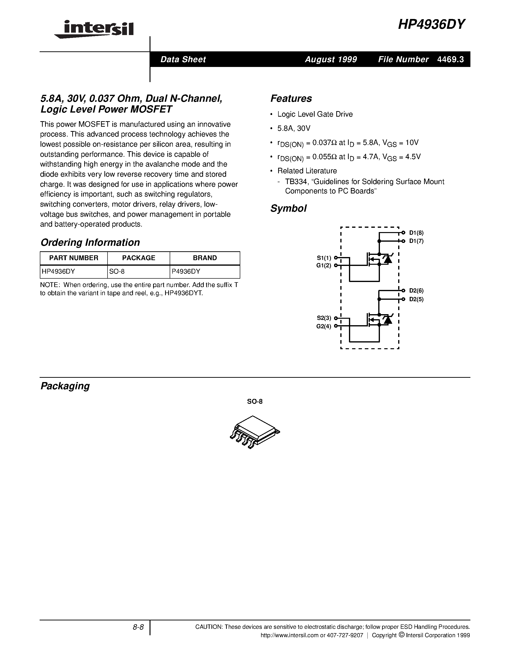 Datasheet HP4936DY - 5.8A/ 30V/ 0.037 Ohm/ Dual N-Channel/ Logic Level Power MOSFET page 1