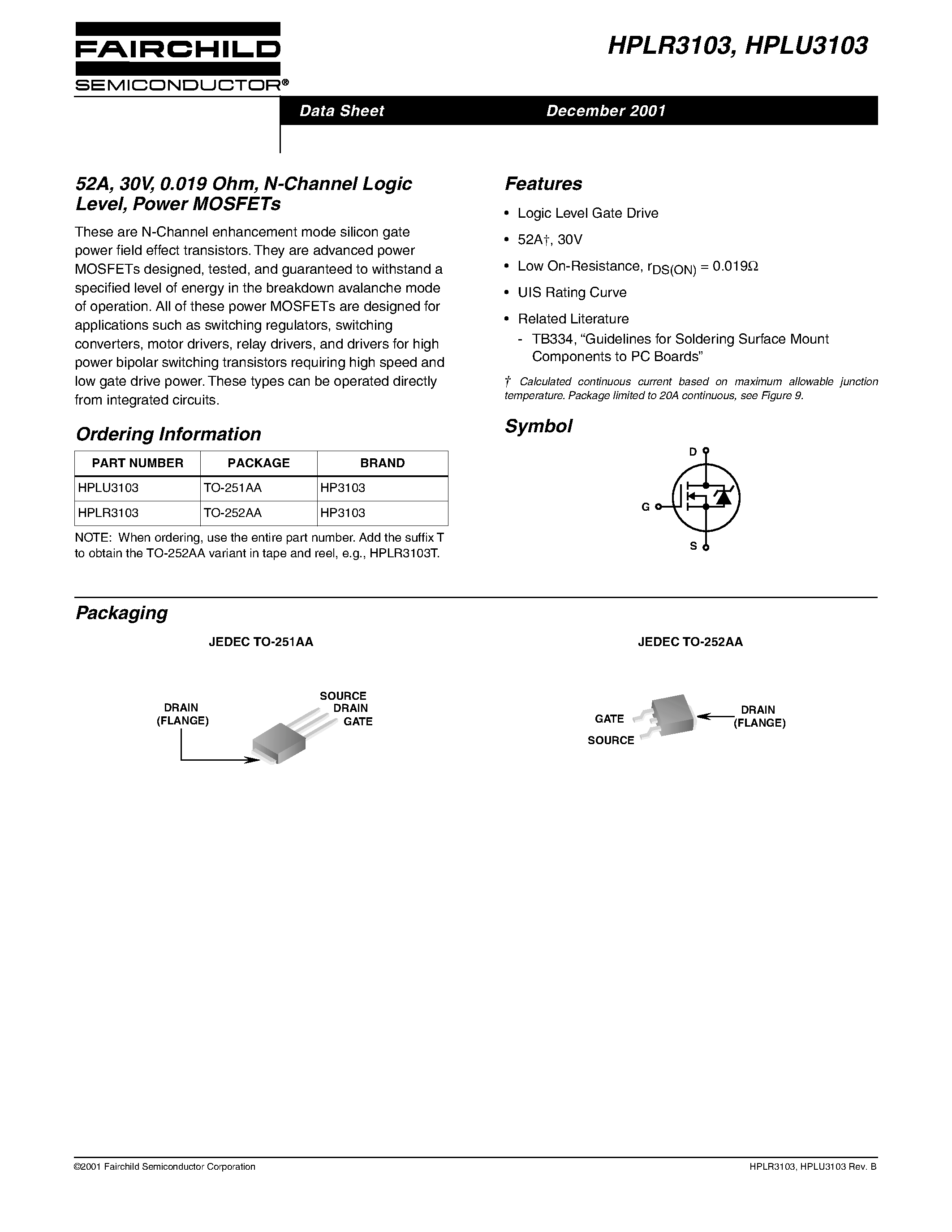 Datasheet HPLR3103 page 1 Datasheet HPLR3103 - 52A/ 30V/ 0.019 Ohm/ N-Channel Logic Level/ Power MOSFETs page 1