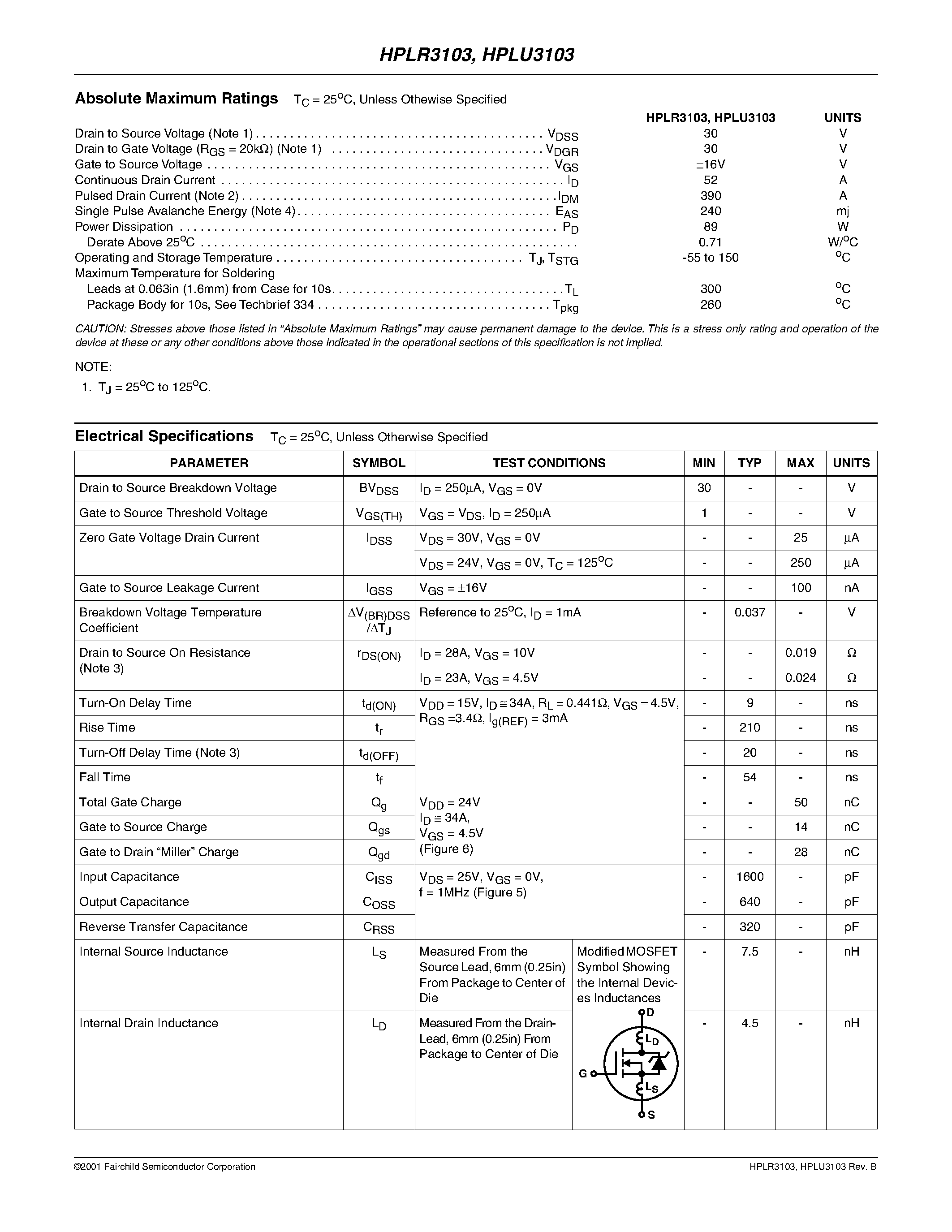 Datasheet HPLU3103 - 52A/ 30V/ 0.019 Ohm/ N-Channel Logic Level/ Power MOSFETs page 2