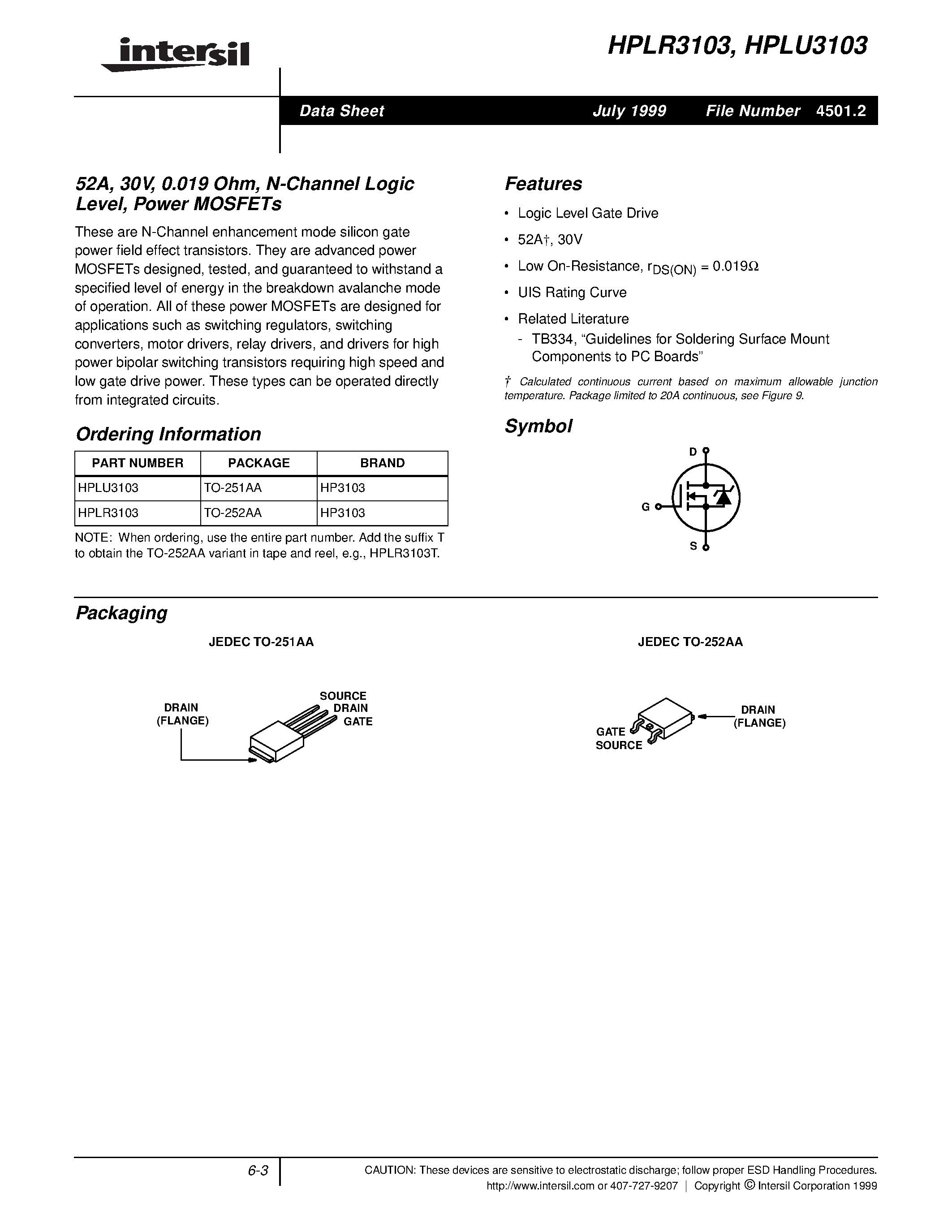 Datasheet HPLU3103 - 52A/ 30V/ 0.019 Ohm/ N-Channel Logic Level/ Power MOSFETs page 1