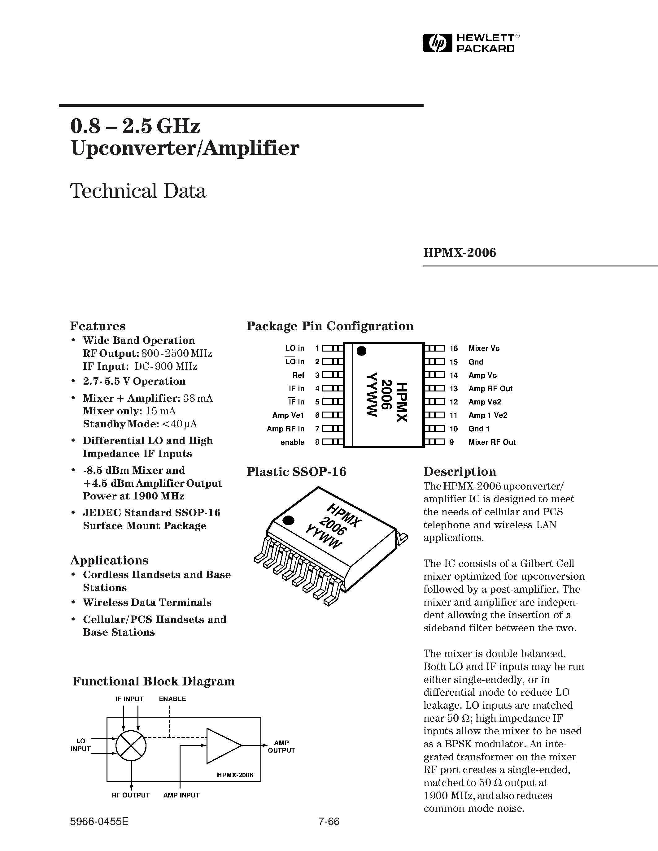 Datasheet HPMX-2006-BLK - 0.8 - 2.5 GHz Upconverter/Amplifier page 1