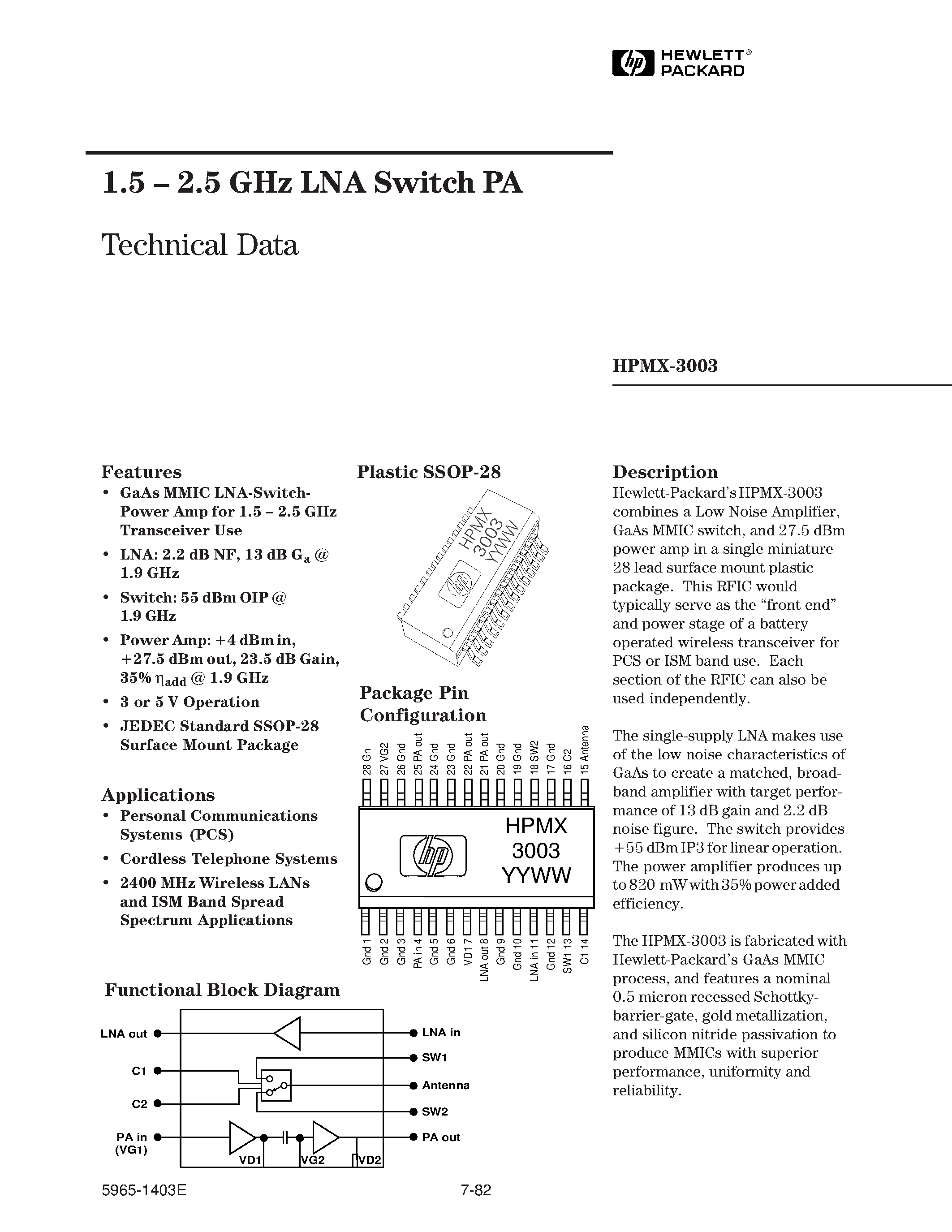 Datasheet HPMX-3003 page 1 Datasheet HPMX-3003 - 1.5 - 2.5 GHz LNA Switch PA page 1