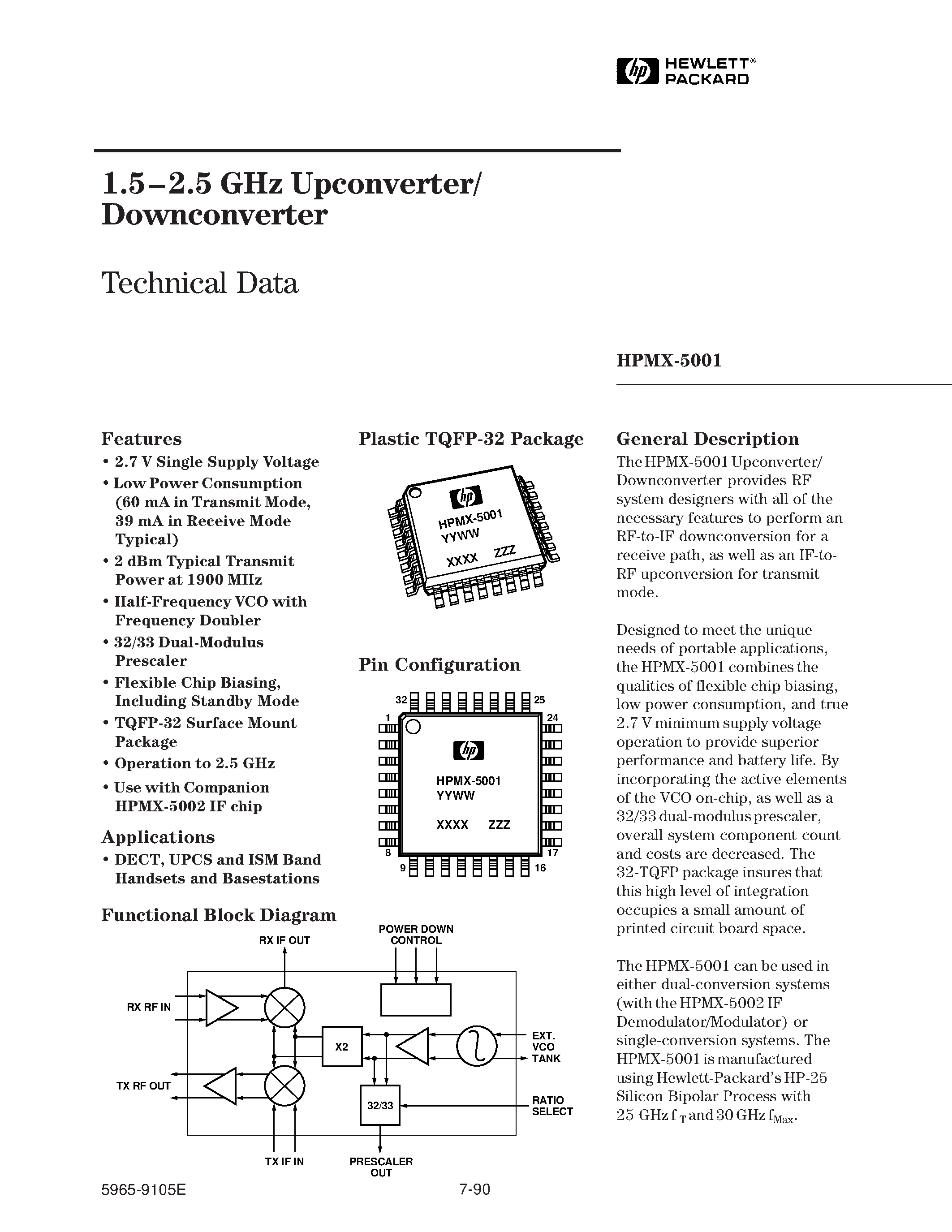 Datasheet HPMX-5001-TY1 page 1 Datasheet HPMX-5001-TY1 - 1.5-2.5 GHz Upconverter/ Downconverter page 1