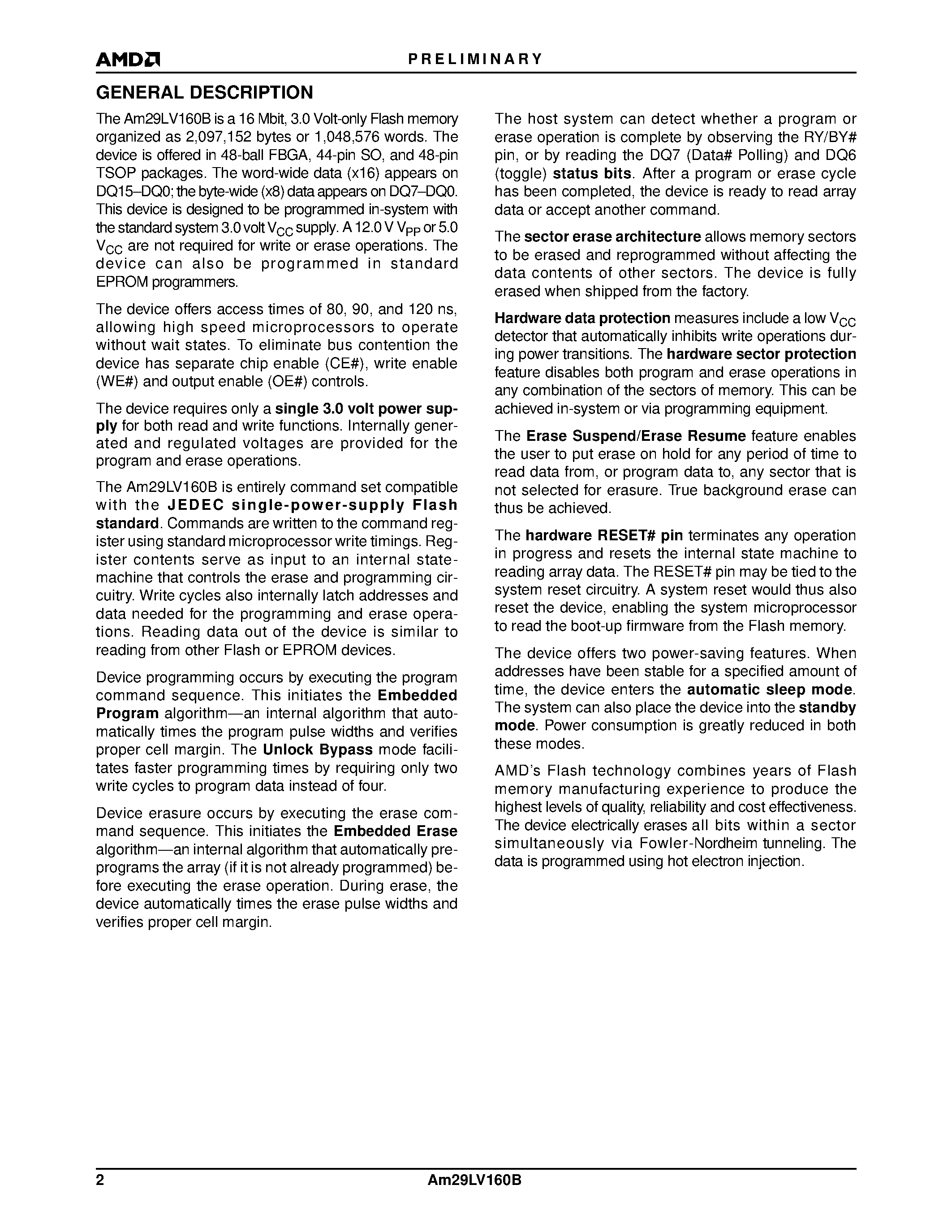 Даташит AM29LV160B - 16 Megabit (2 M x 8-Bit/1 M x 16-Bit) CMOS 3.0 Volt-only Boot Sector Flash Memory страница 2