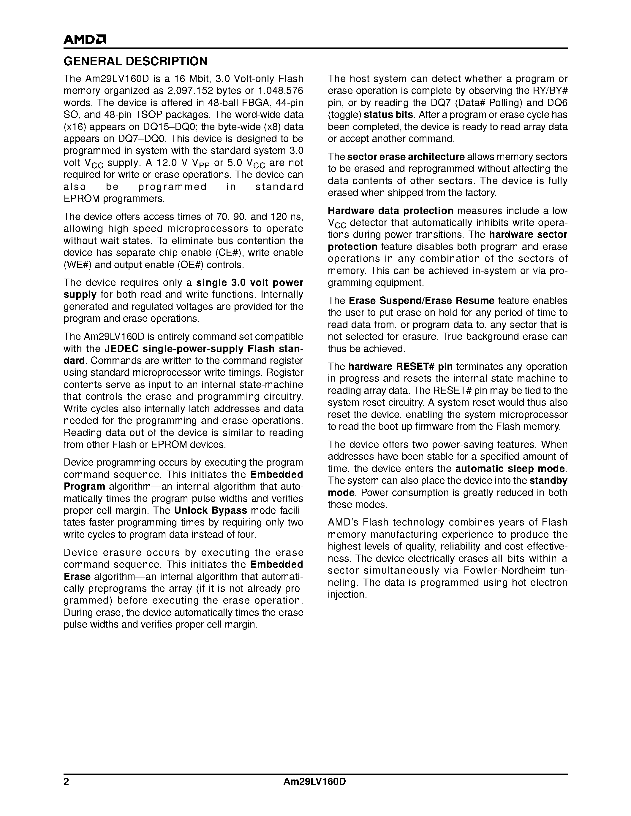 Datasheet Am29LV160DT-90SC - 16 Megabit (2 M x 8-Bit/1 M x 16-Bit) CMOS 3.0 Volt-only Boot Sector Flash Memory page 2