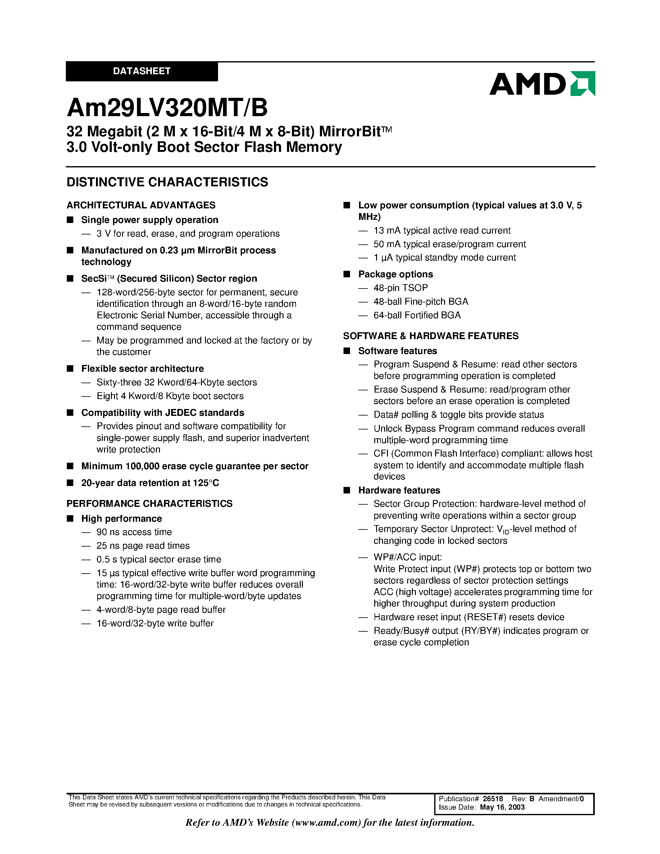 Datasheet Am29LV320MT100 - 32 Megabit (2 M x 16-Bit/4 M x 8-Bit) MirrorBit 3.0 Volt-only Boot Sector Flash Memory page 1