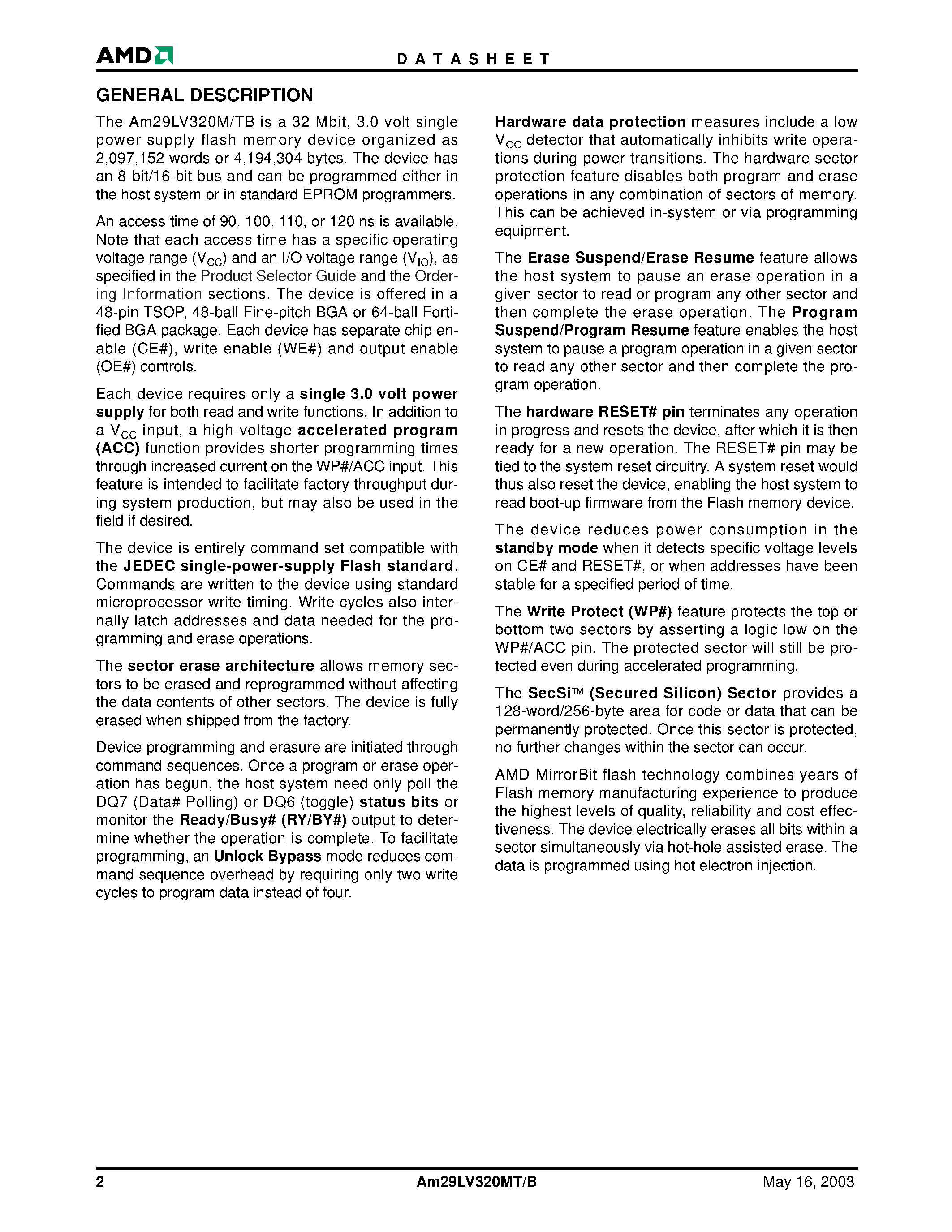 Даташит Am29LV320MT90R - 32 Megabit (2 M x 16-Bit/4 M x 8-Bit) MirrorBit 3.0 Volt-only Boot Sector Flash Memory страница 2