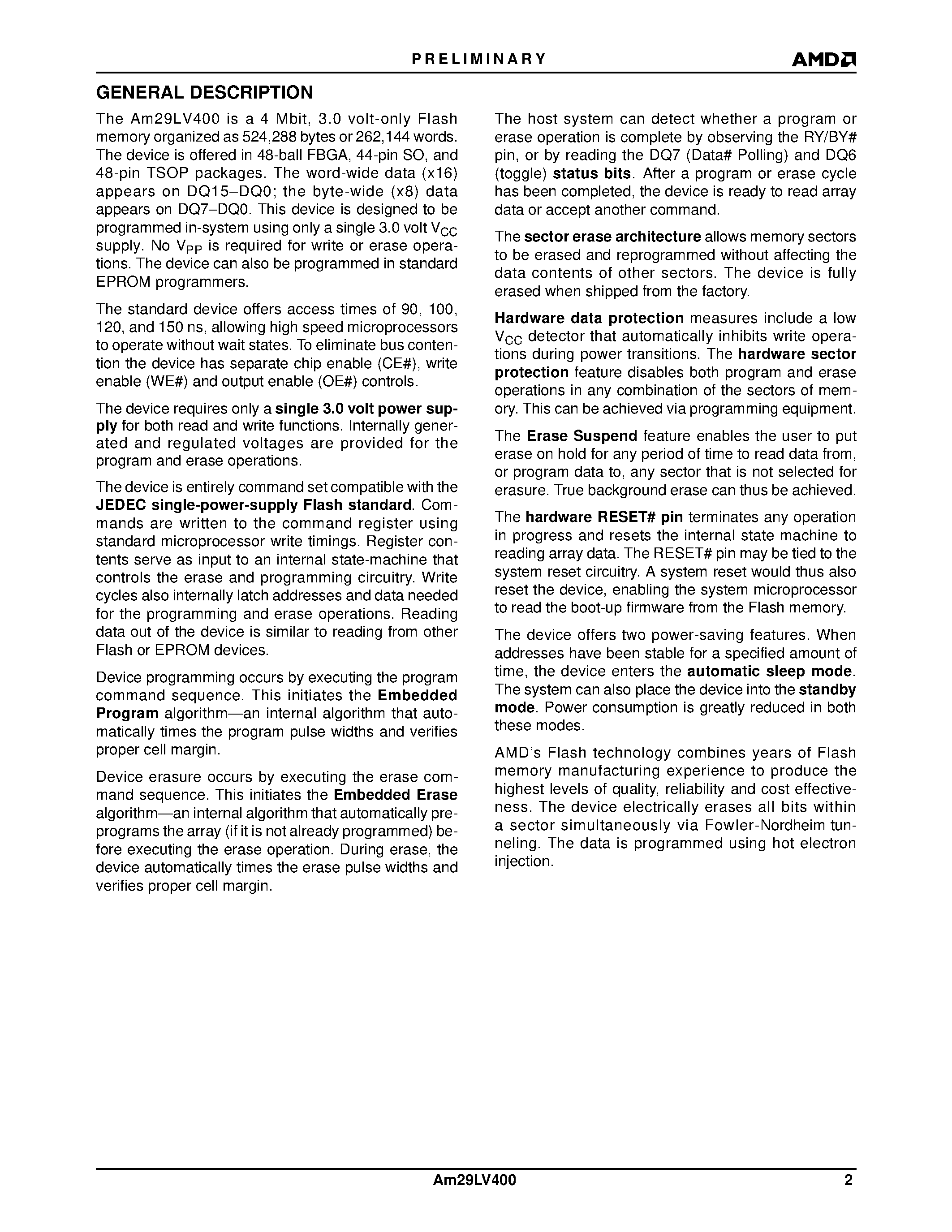 Даташит Am29LV400BT90FI - 4 Megabit (512 K x 8-Bit/256 K x 16-Bit) CMOS 3.0 Volt-only Boot Sector Flash Memory страница 2