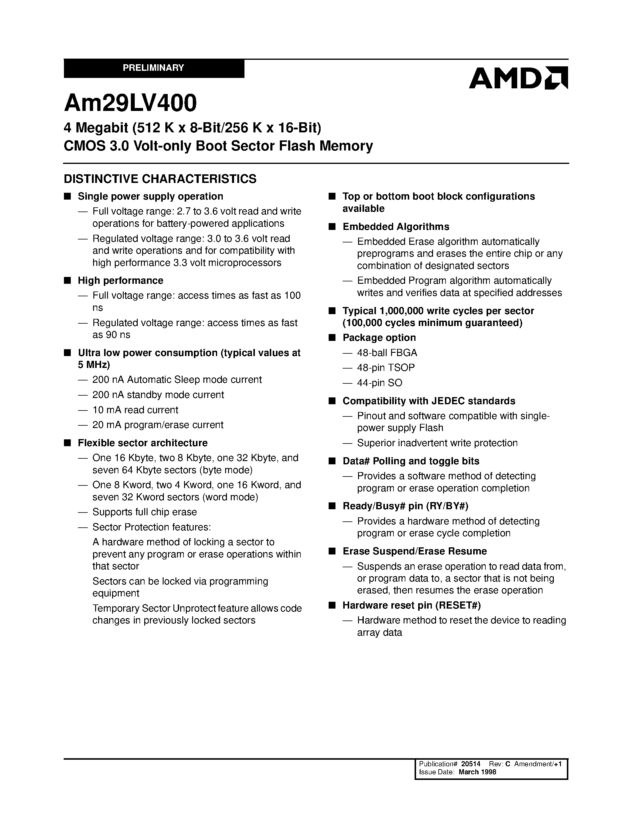 Даташит Am29LV400T-150FIB - 4 Megabit (512 K x 8-Bit/256 K x 16-Bit) CMOS 3.0 Volt-only Boot Sector Flash Memory страница 1