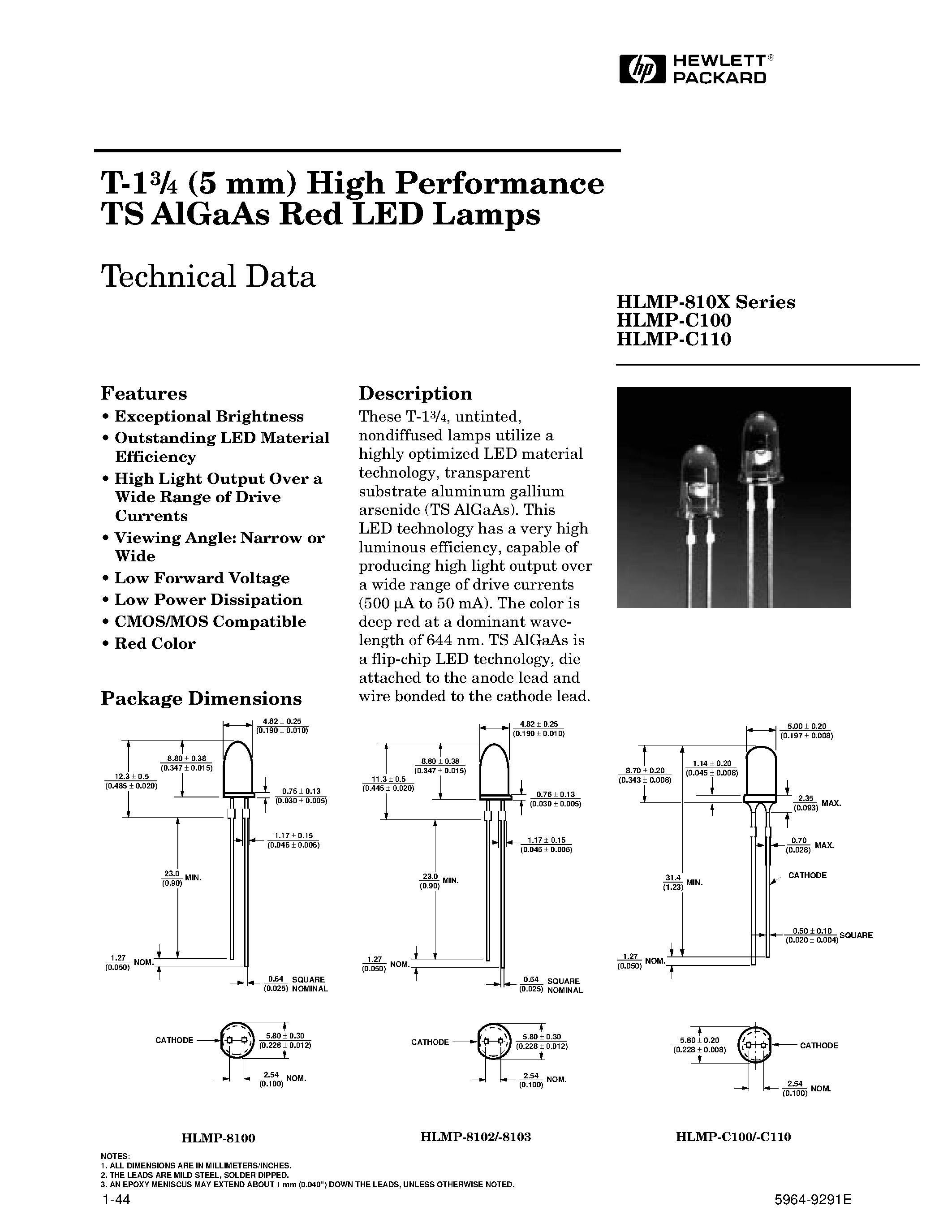 Datasheet HLMP-810X - T-13/4 (5 mm) High Performance TS AlGaAs Red LED Lamps page 1
