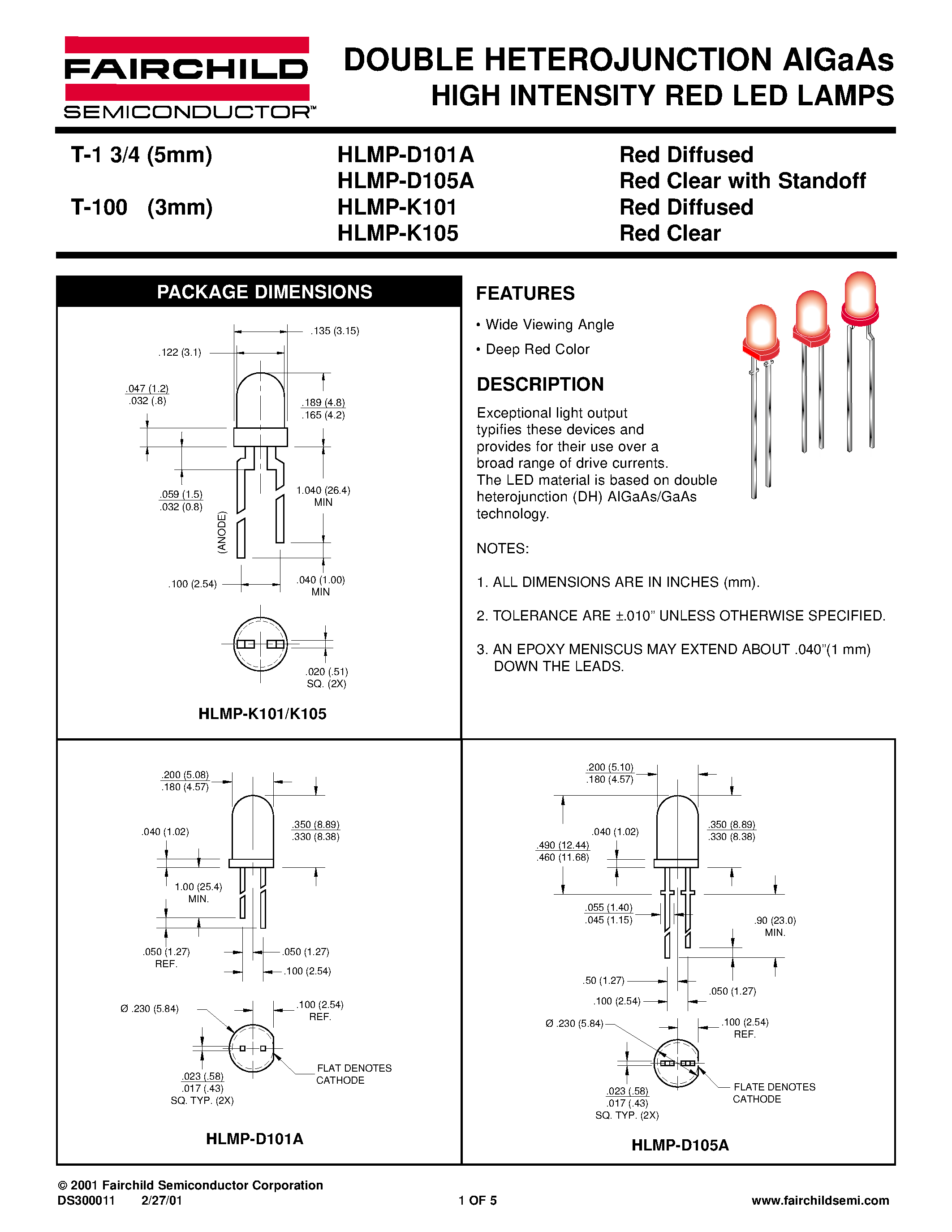 Datasheet HLMP-D105A page 1 Datasheet HLMP-D105A - DOUBLE HETEROJUNCTION AIGaAs HIGH INTENSITY RED LED LAMPS page 1