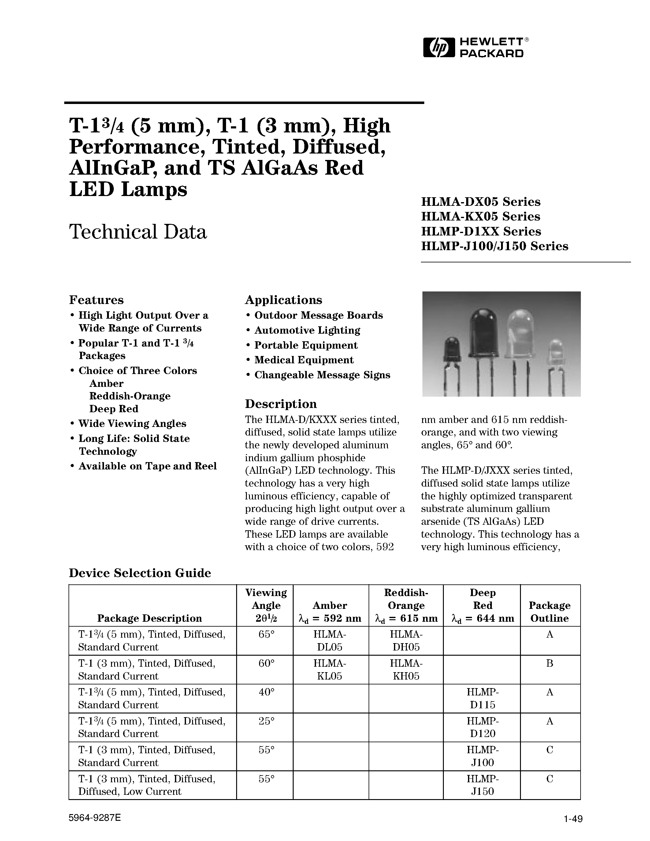 Datasheet HLMP-D115 - T-13/4 (5 mm)/ T-1 (3 mm)/ High Performance/ Tinted/ Diffused/ AlInGaP/ and TS AlGaAs Red LED Lamps page 1
