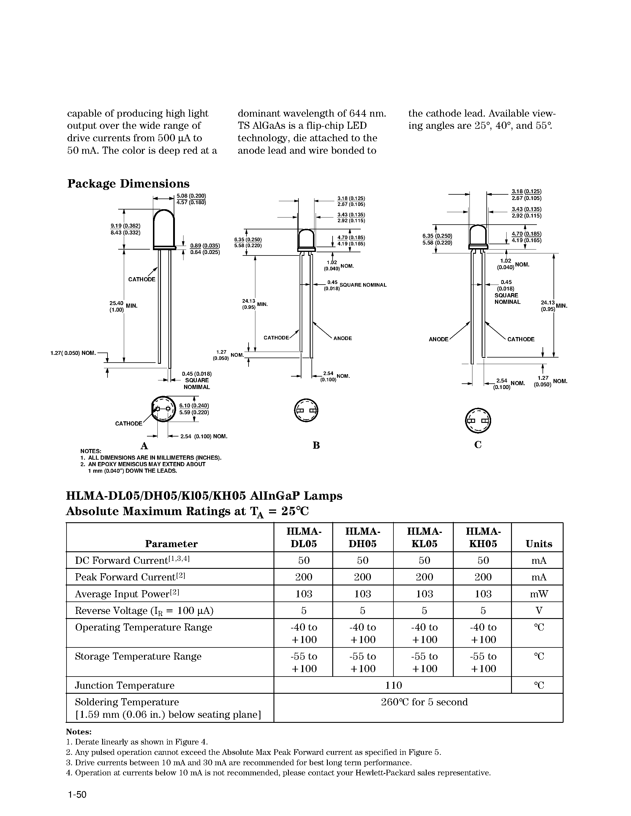 Datasheet HLMP-D120 - T-13/4 (5 mm)/ T-1 (3 mm)/ High Performance/ Tinted/ Diffused/ AlInGaP/ and TS AlGaAs Red LED Lamps page 2