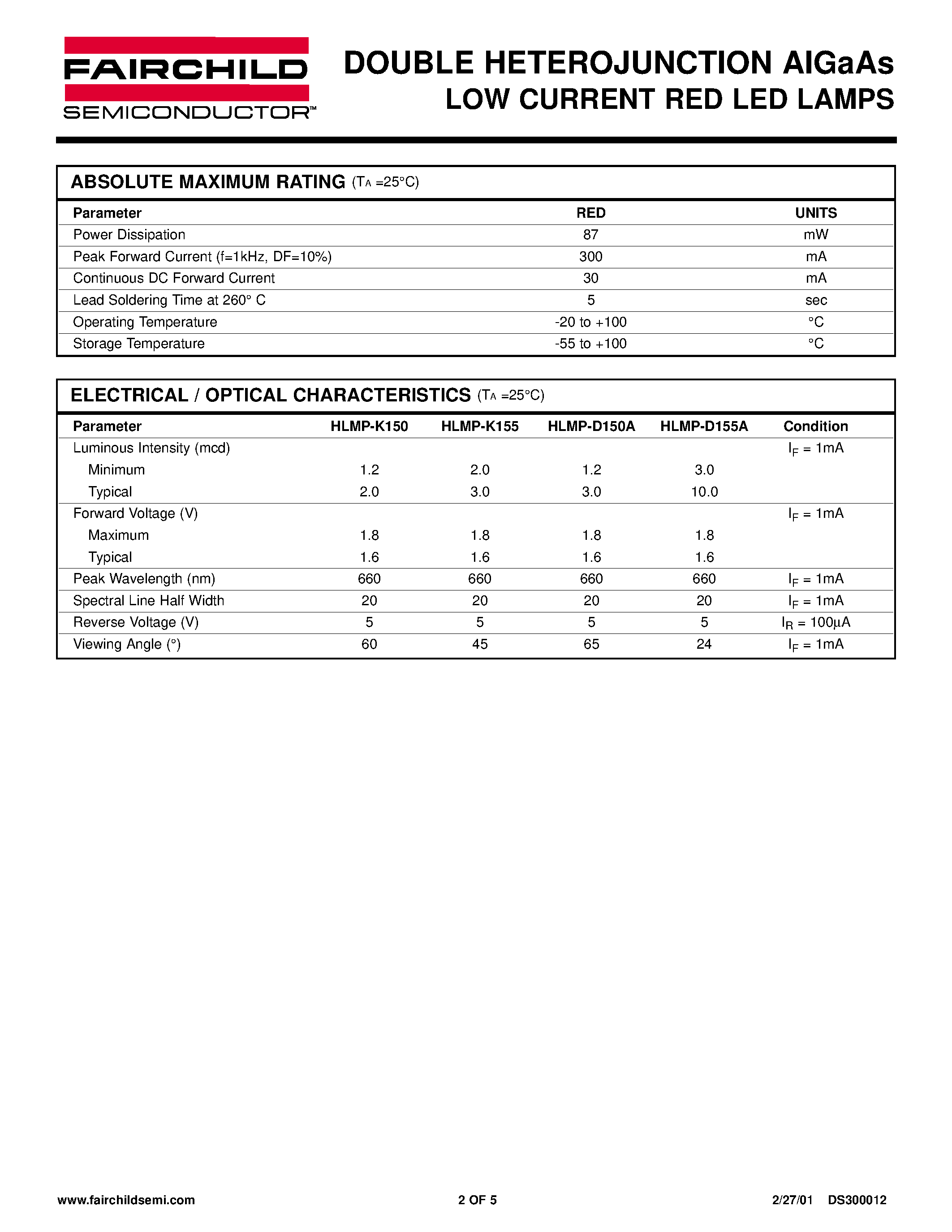 Datasheet HLMP-D150 page 2 Datasheet HLMP-D150 - DOUBLE HETEROJUNCTION AIGaAs LOW CURRENT RED LED LAMPS page 2