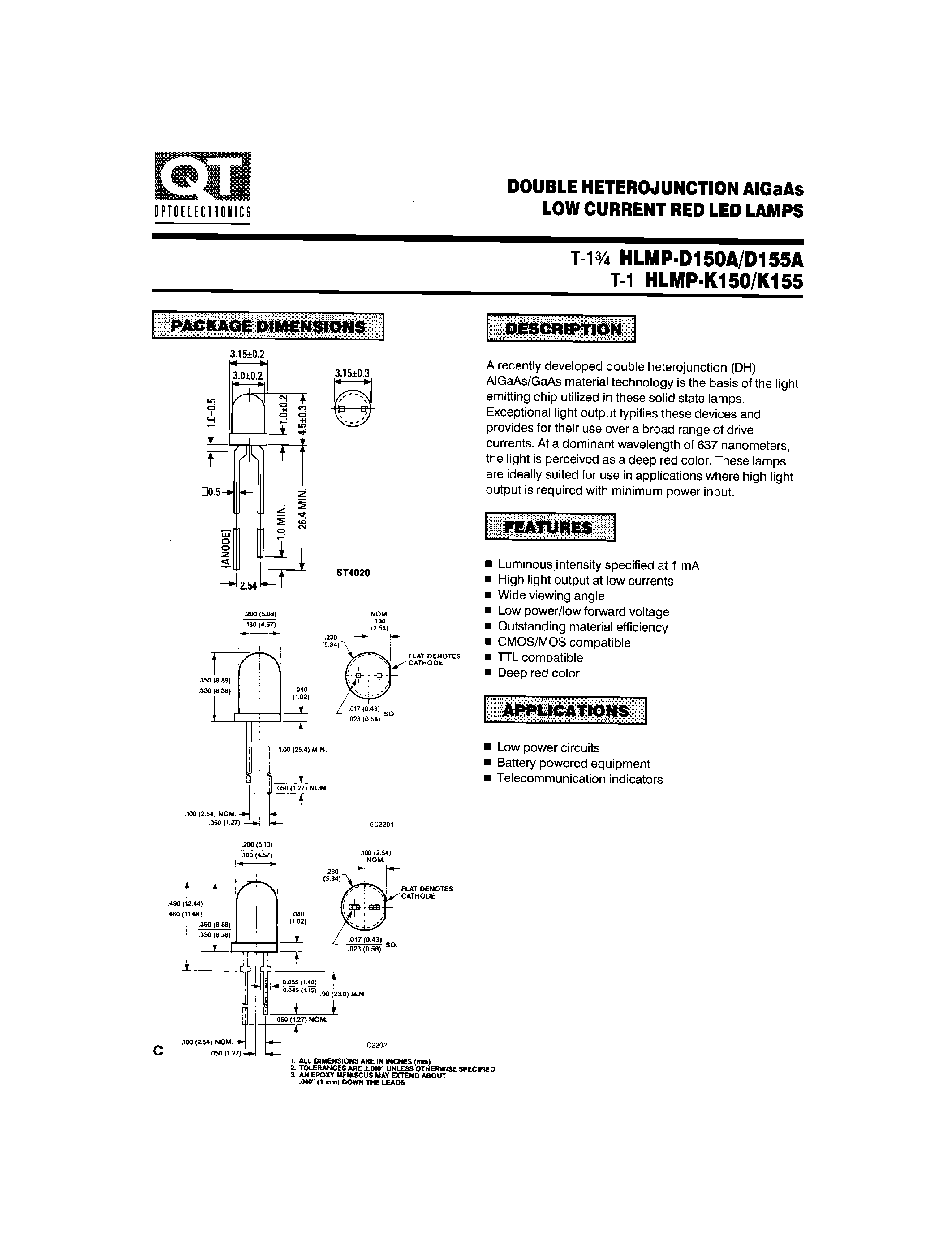 Datasheet HLMP-D150 page 1 Datasheet HLMP-D150 - DOUBLE HETEROJUNCTION AIGAAS LOW CURRENT RED LED LAMPS page 1