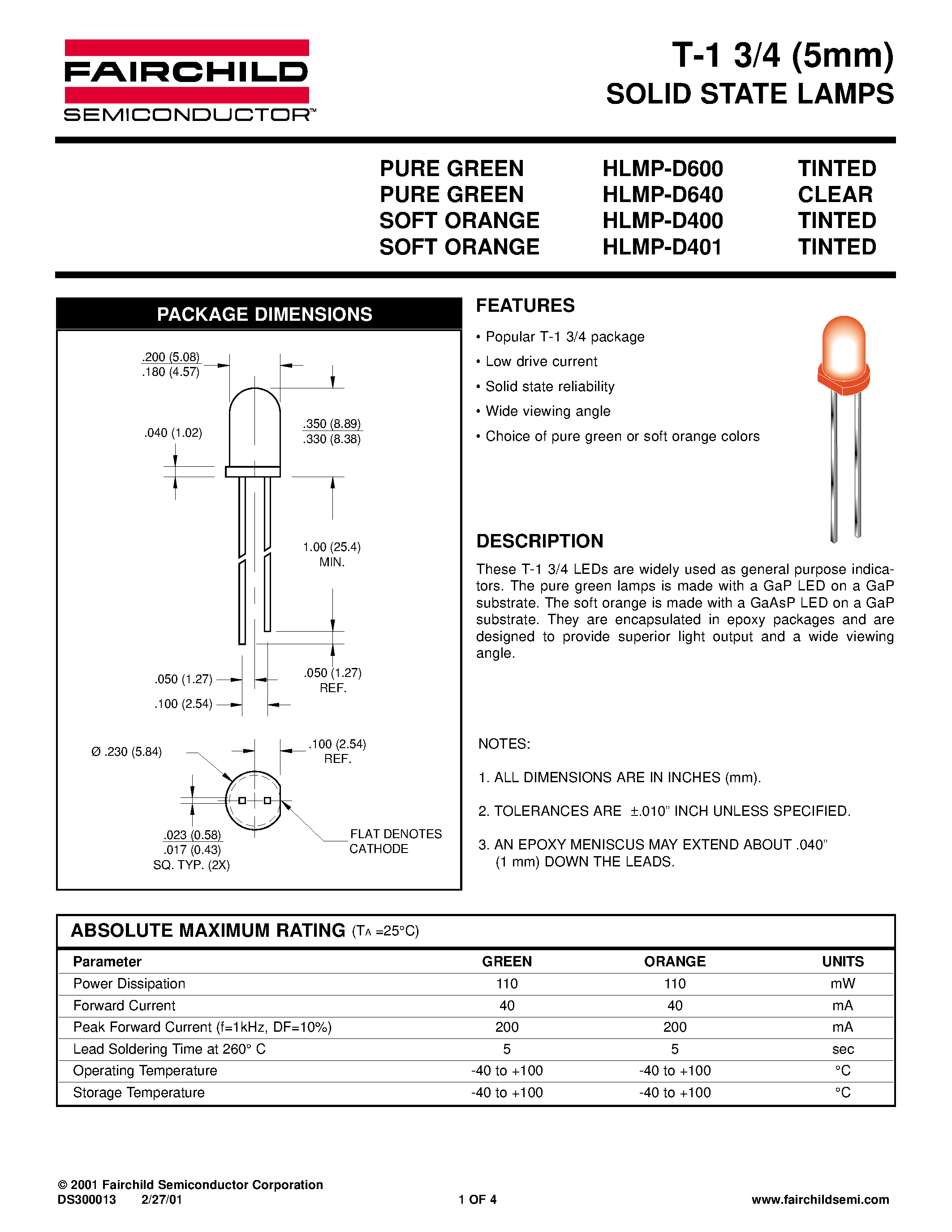 Datasheet HLMP-D400 - T-1 3/4 5mm SOLID STATE LAMPS page 1