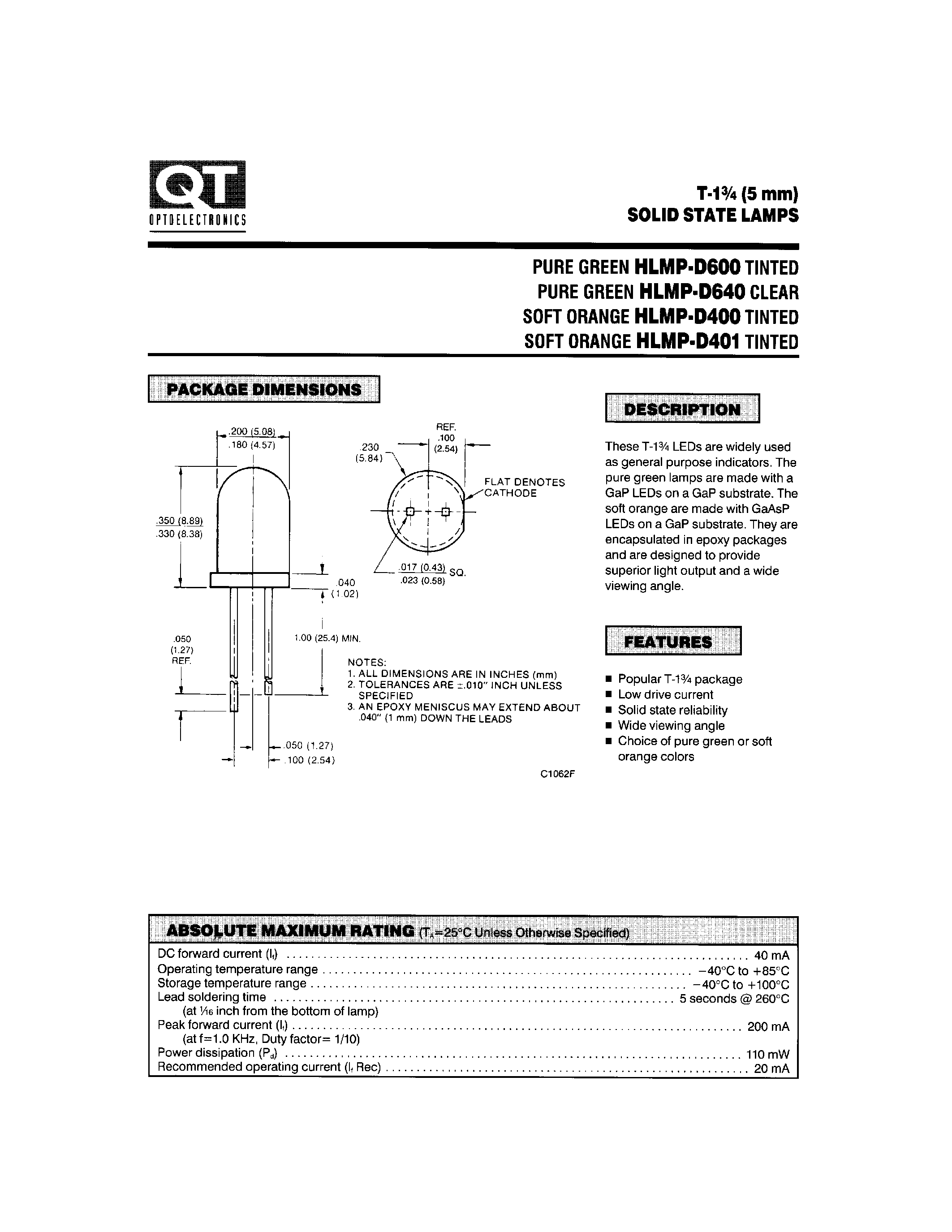 Datasheet HLMP-D400 - T-1 3/4 (5mm) SOLID STATE LAMPS page 1