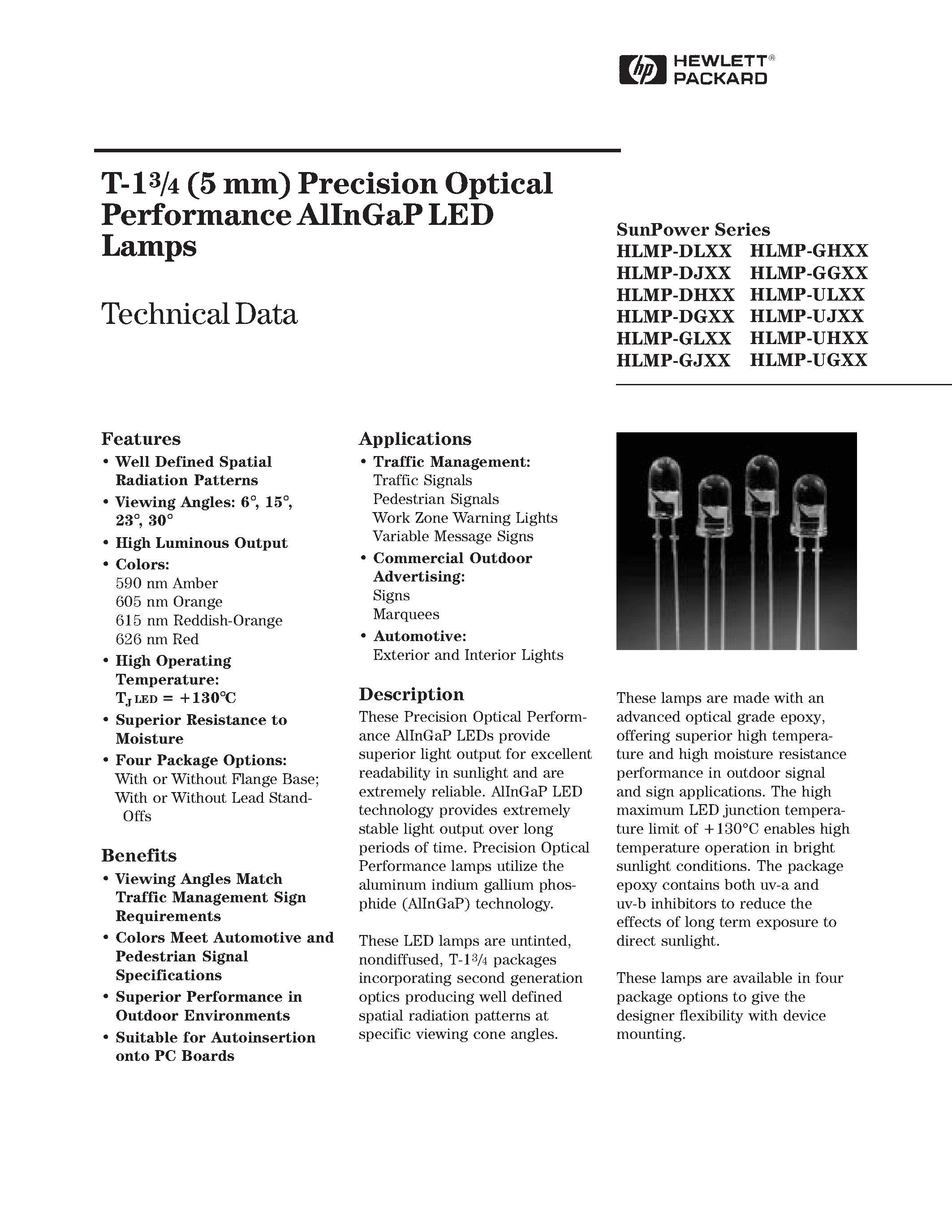 Datasheet HLMP-DLXX page 1 Datasheet HLMP-DLXX - T-13/4 (5 mm) Precision Optical Performance AlInGaP LED Lamps page 1