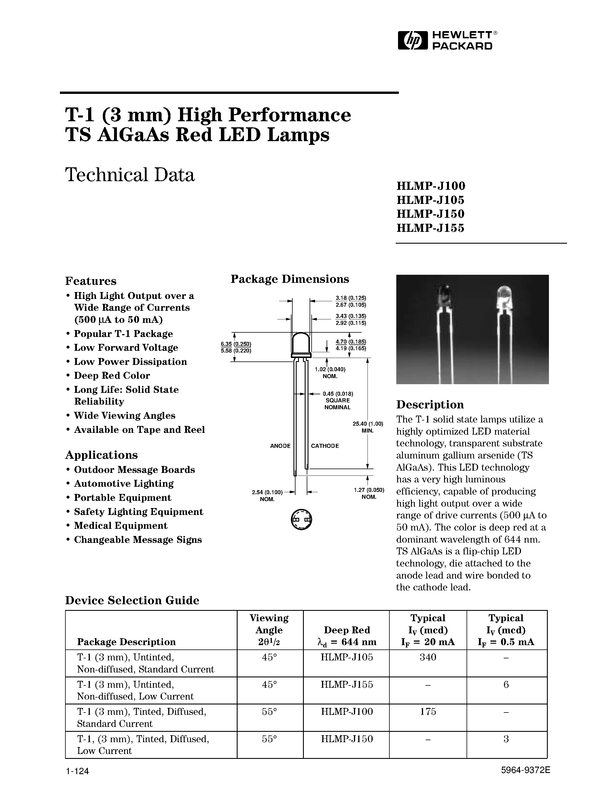 Datasheet HLMP-J100 - T-13/4 (5 mm)/ T-1 (3 mm)/ High Performance/ Tinted/ Diffused/ AlInGaP/ and TS AlGaAs Red LED Lamps page 1