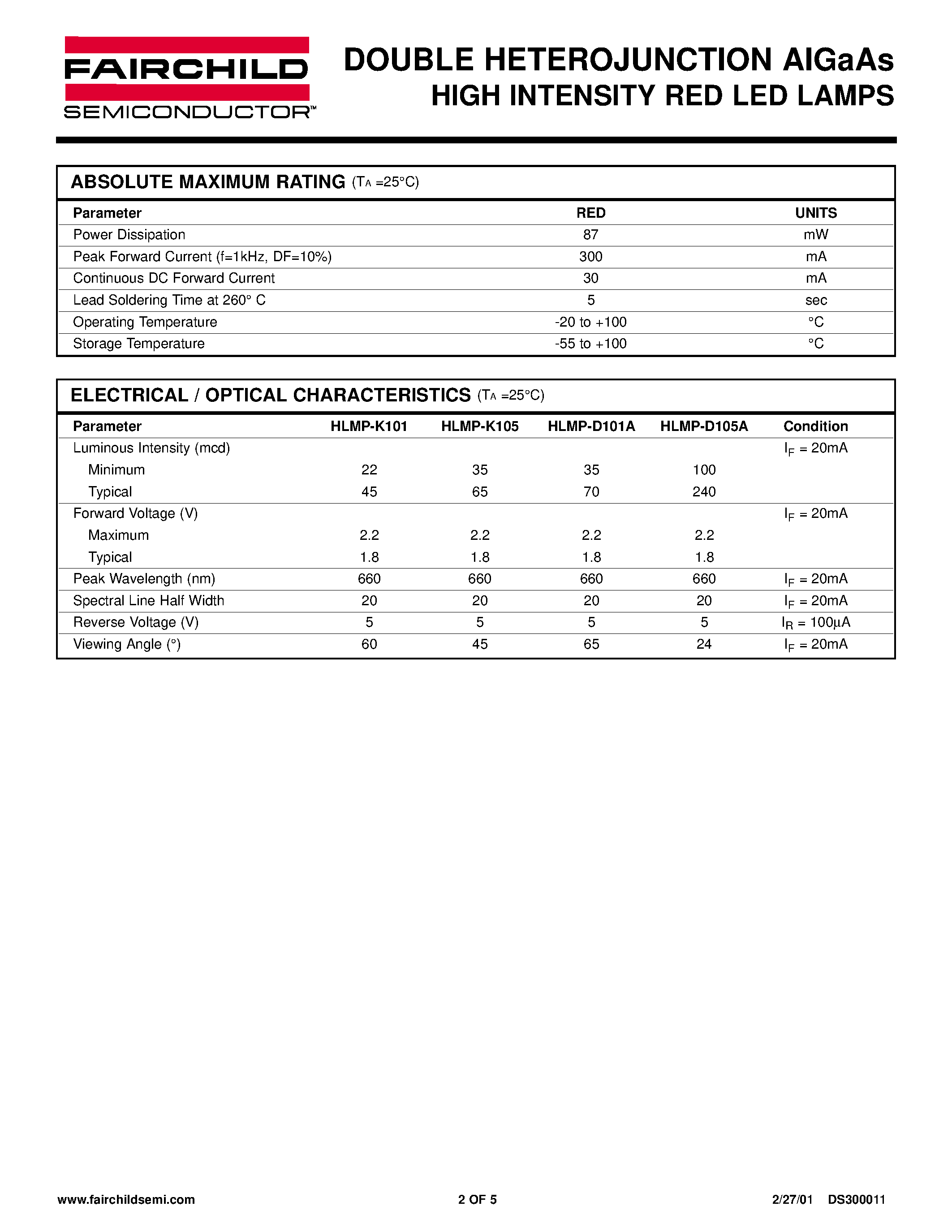 Datasheet HLMP-K101 - DOUBLE HETEROJUNCTION AIGaAs HIGH INTENSITY RED LED LAMPS page 2
