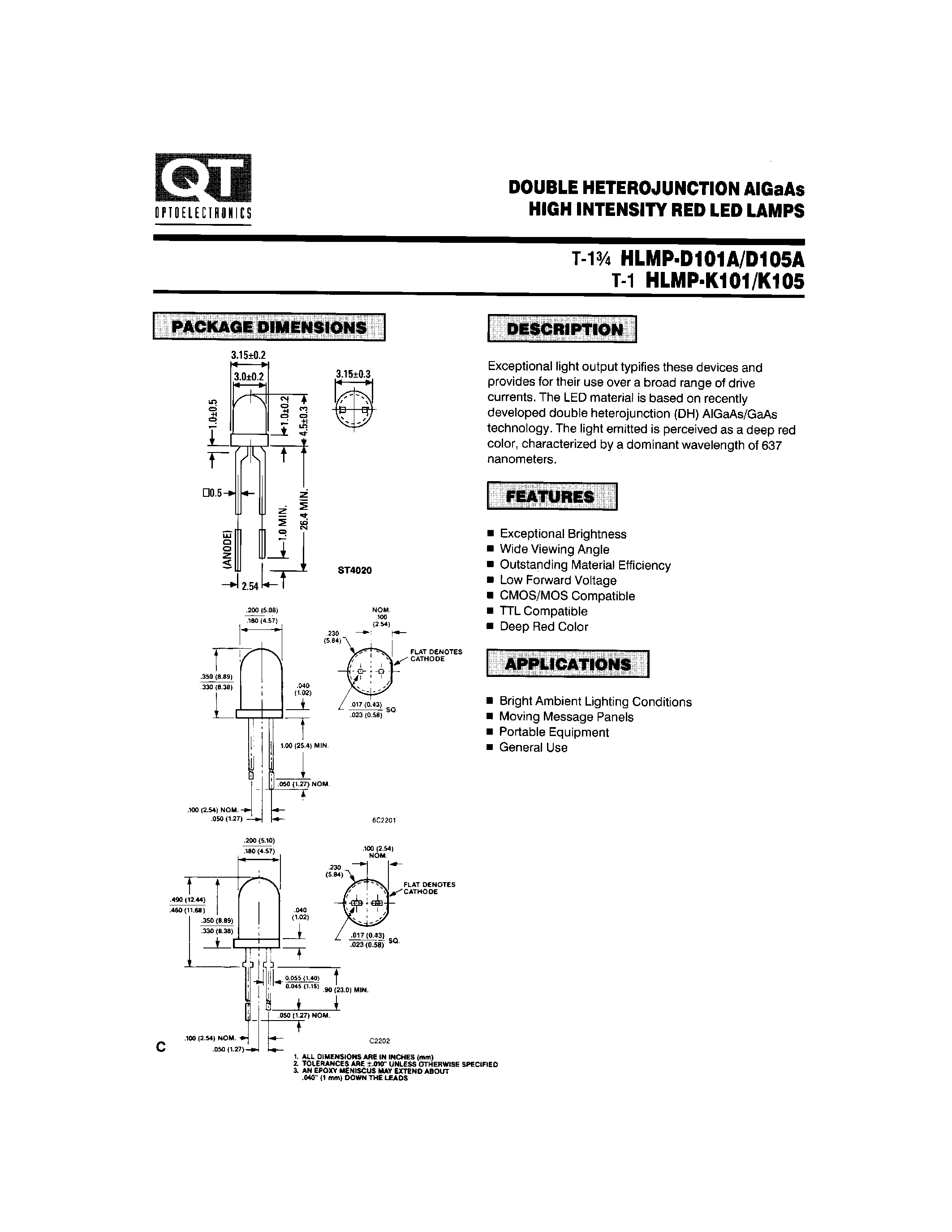 Datasheet HLMP-K101 - DOUBLE HETEROJUNCTION AIGAAS HIGH INTENSITY RED LED LAMPS page 1