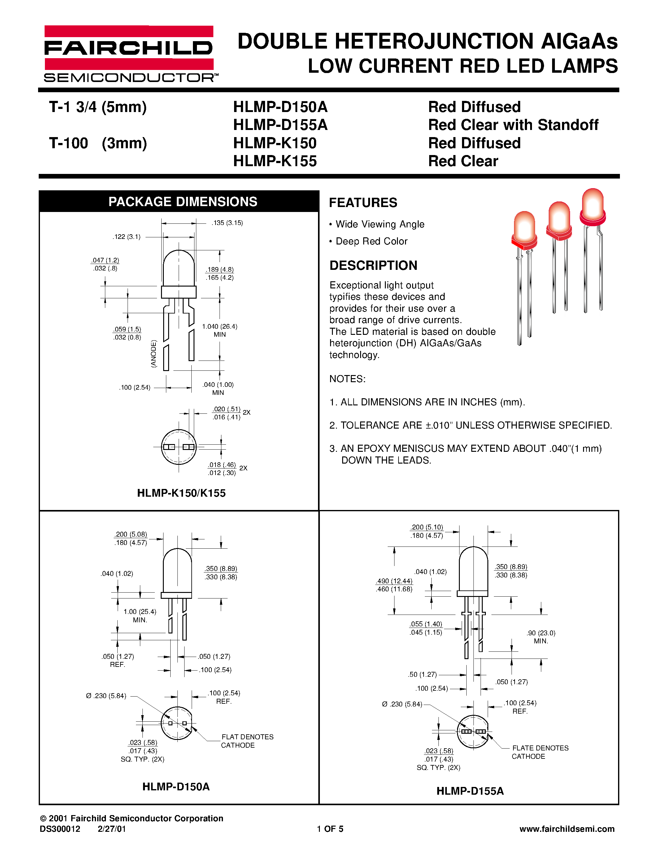 Datasheet HLMP-K150 - DOUBLE HETEROJUNCTION AIGaAs LOW CURRENT RED LED LAMPS page 1