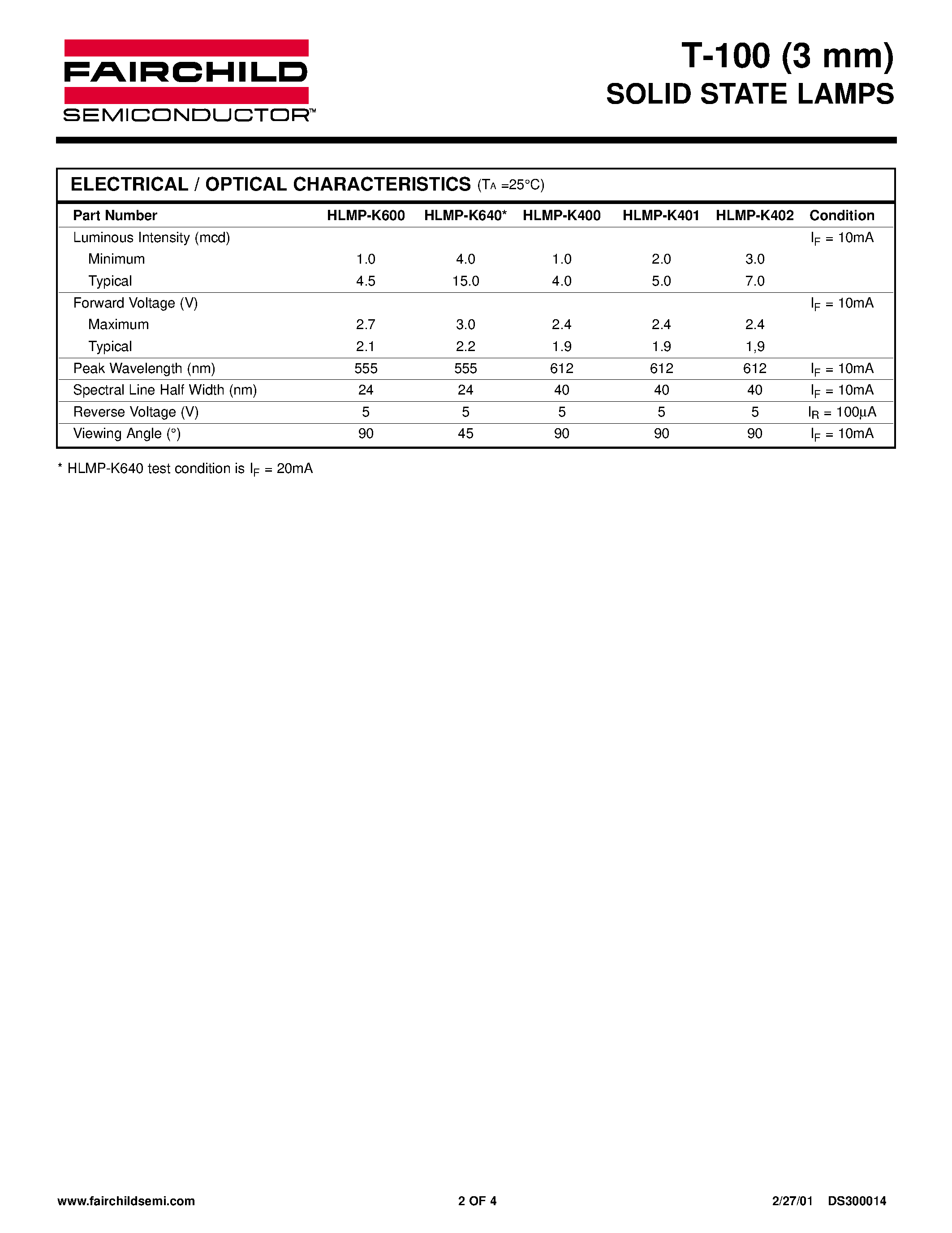 Datasheet HLMP-K400 - T-100 3 mm SOLID STATE LAMPS page 2