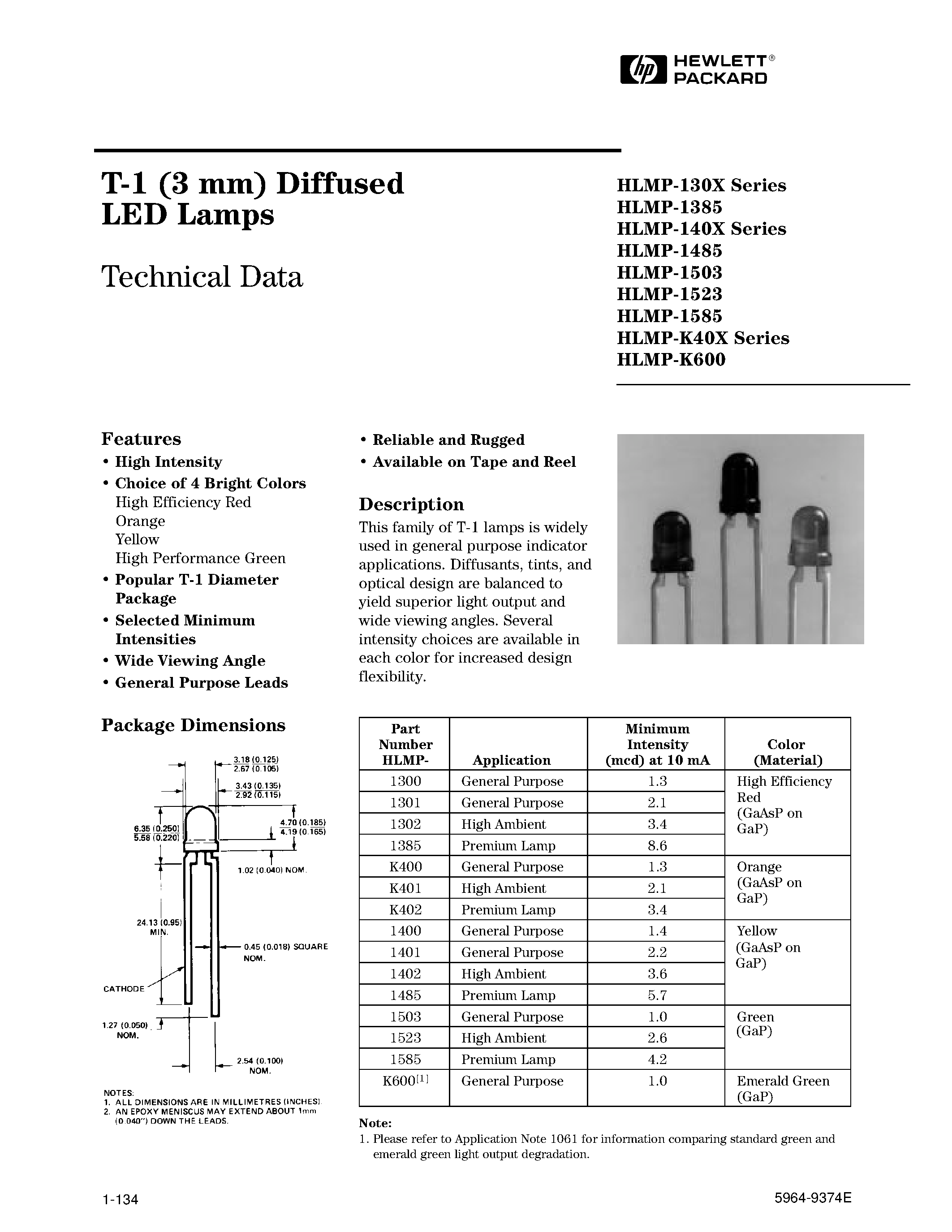 Datasheet HLMP-K402 - T-1 (3 mm) Diffused LED Lamps page 1