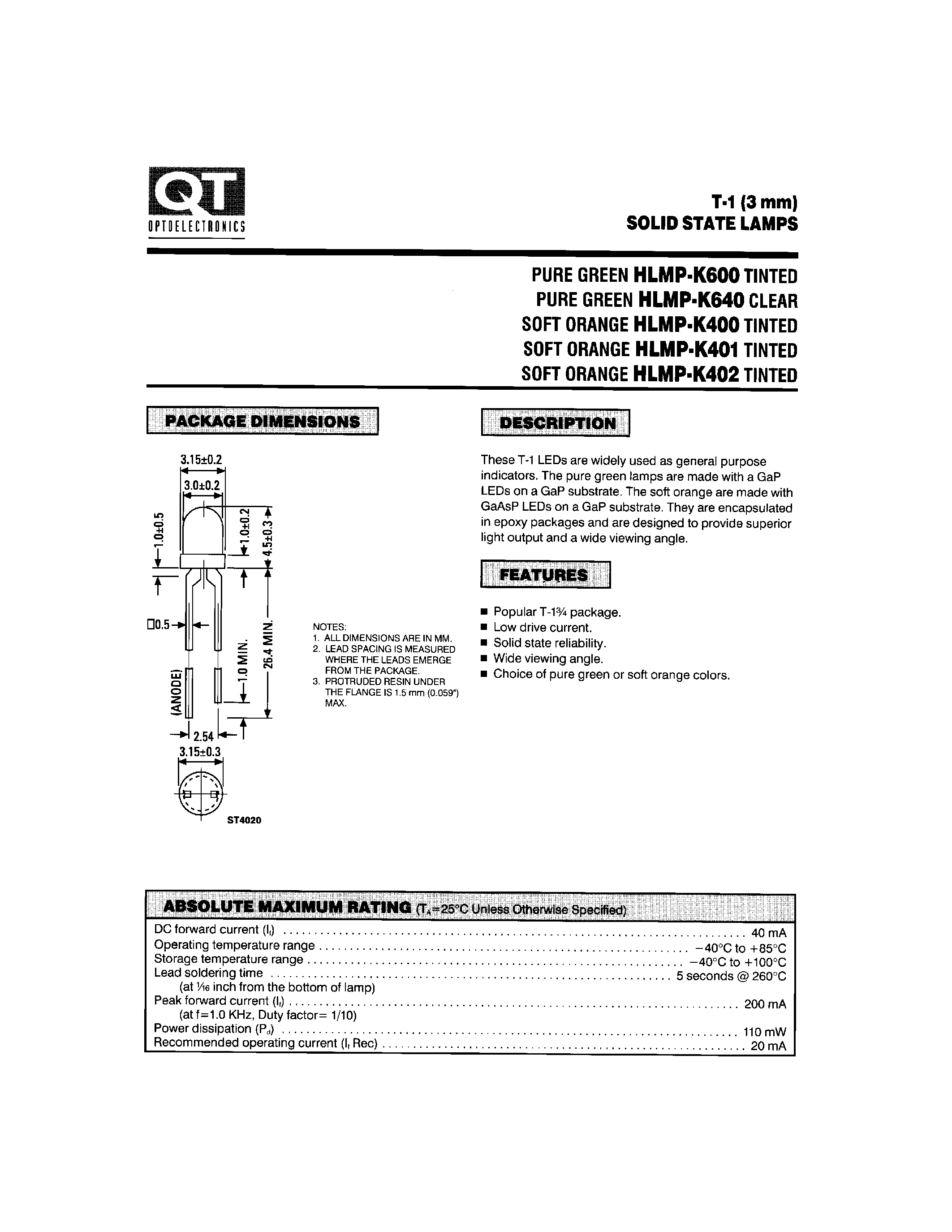 Datasheet HLMP-K600 - T-1 (3mm) SOLID STATE LAMPS page 1