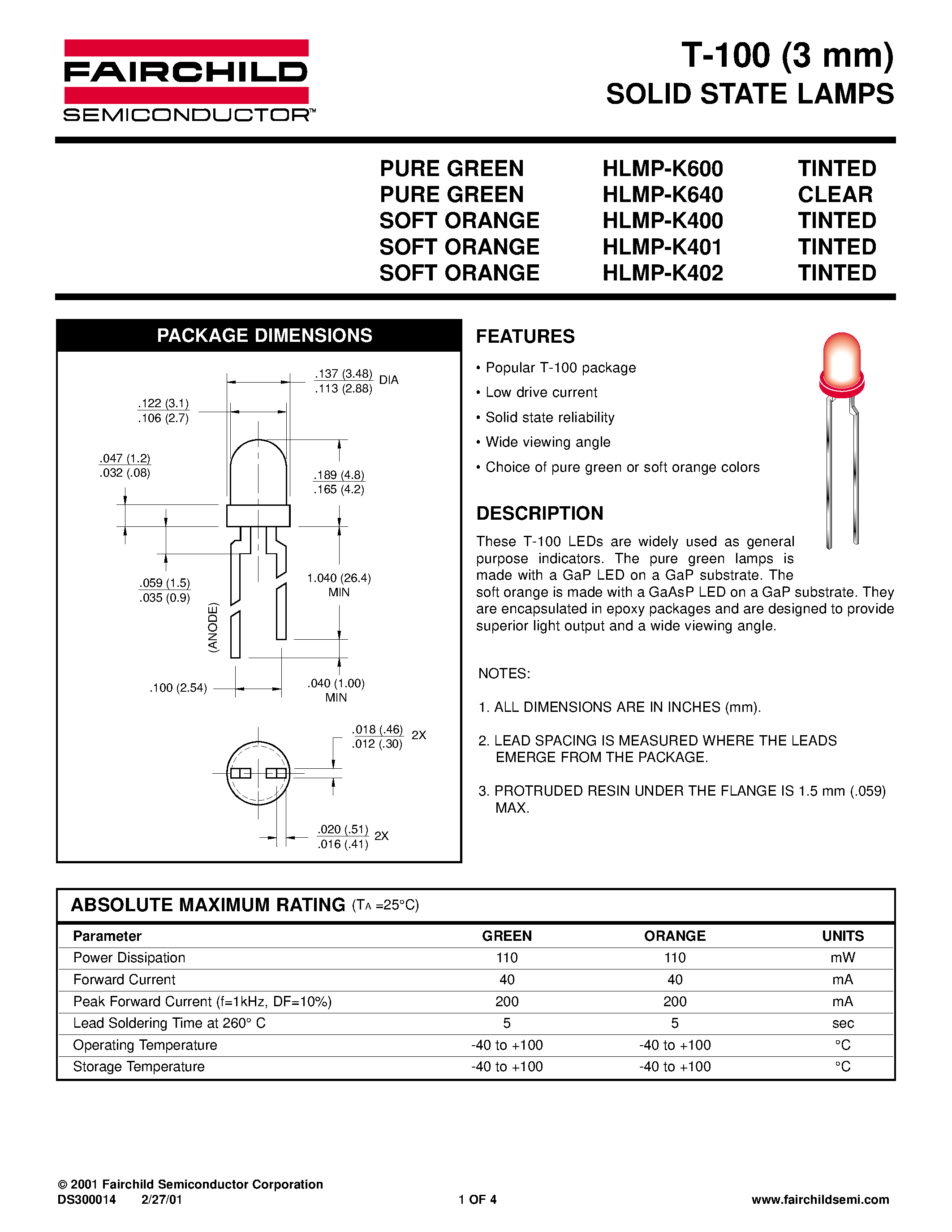 Datasheet HLMP-K600 page 1 Datasheet HLMP-K600 - T-100 3 mm SOLID STATE LAMPS page 1