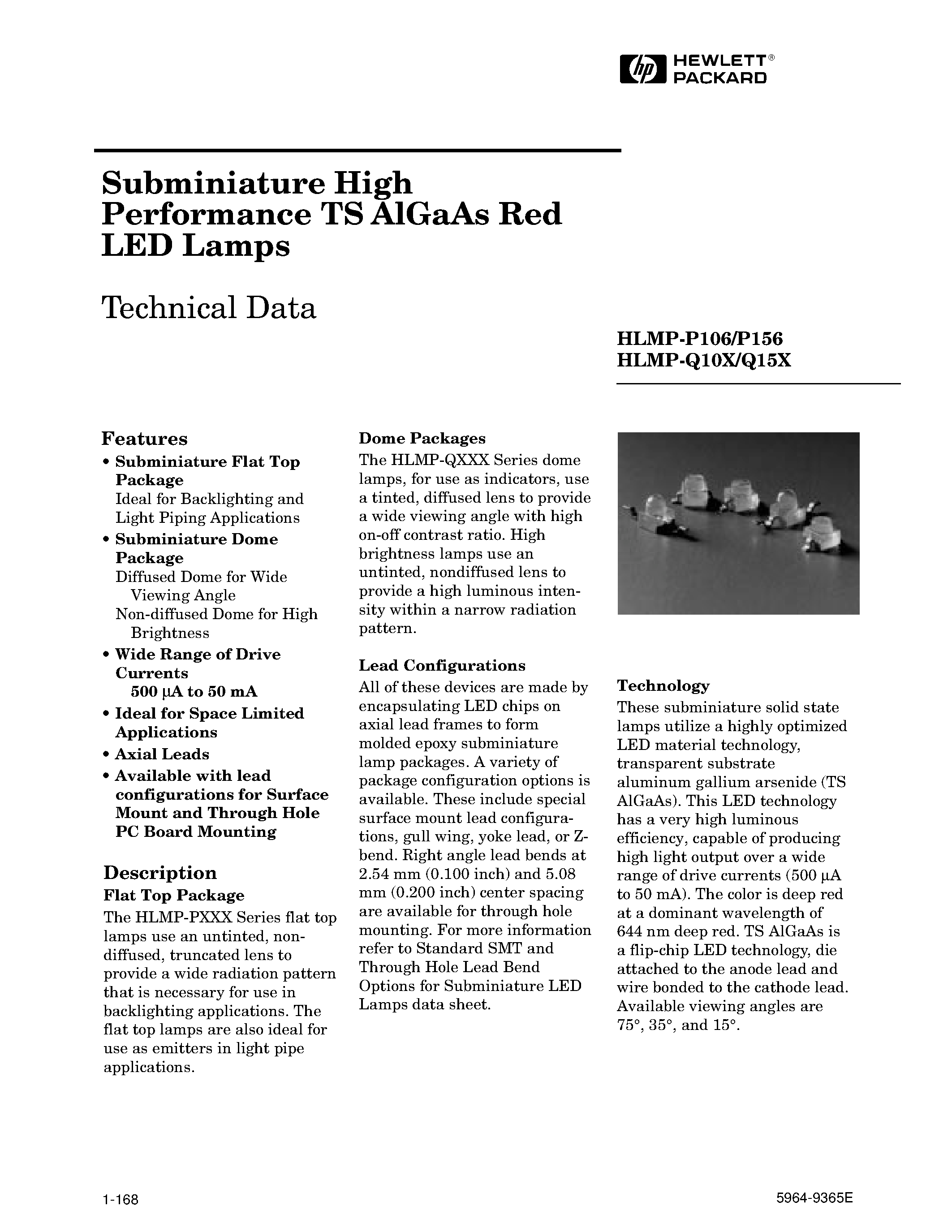 Datasheet HLMP-P156 - Subminiature High Performance TS AlGaAs Red LED Lamps page 1