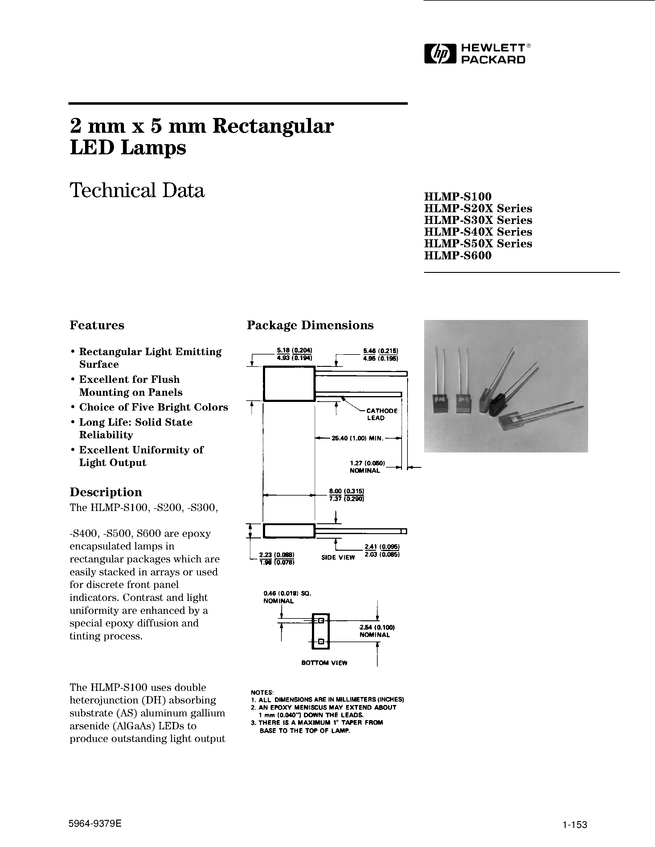 Даташит HLMP-S301 - 2 mm x 5 mm Rectangular LED Lamps страница 1