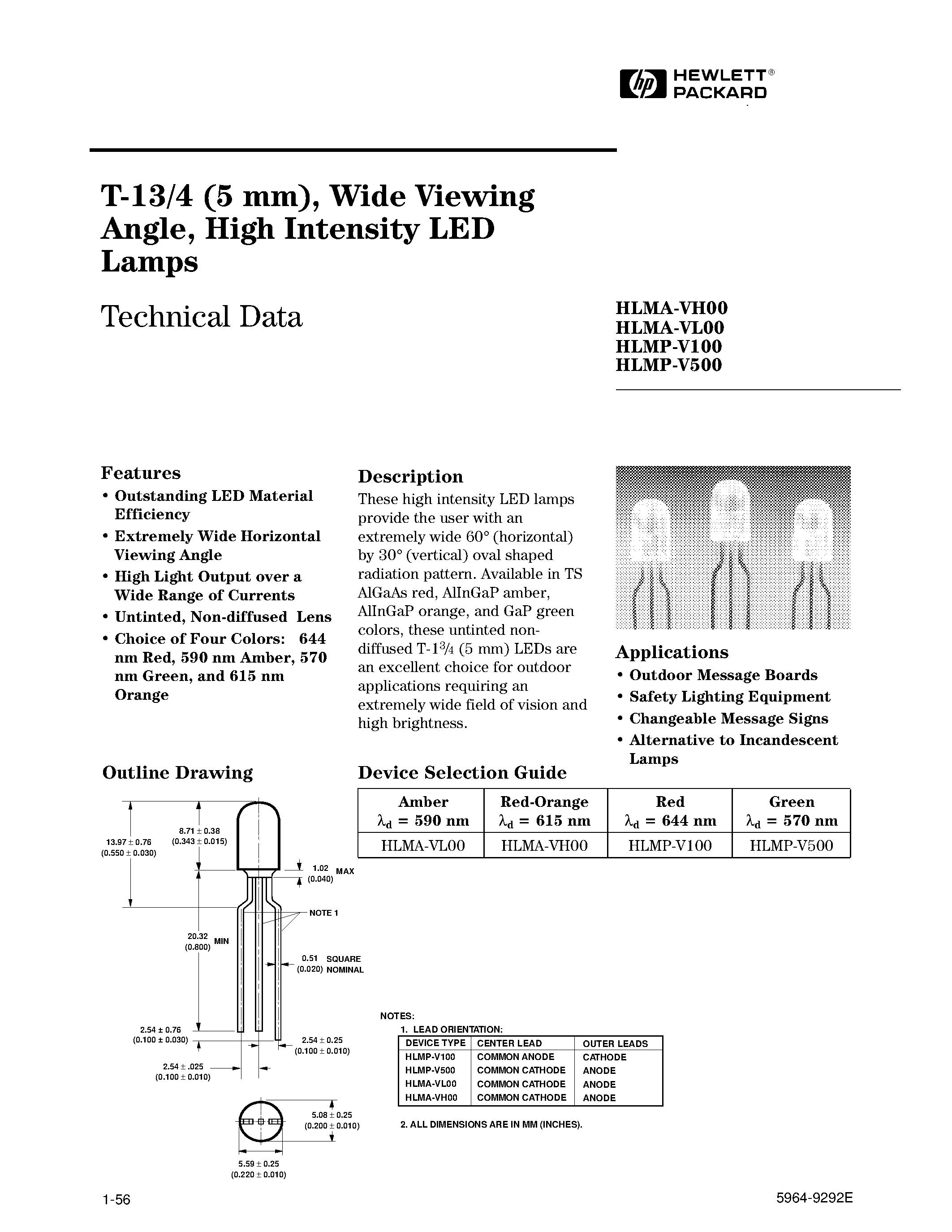 Datasheet HLMP-V100 - T-13/4 (5 mm)/ Wide Viewing Angle/ High Intensity LED Lamps page 1