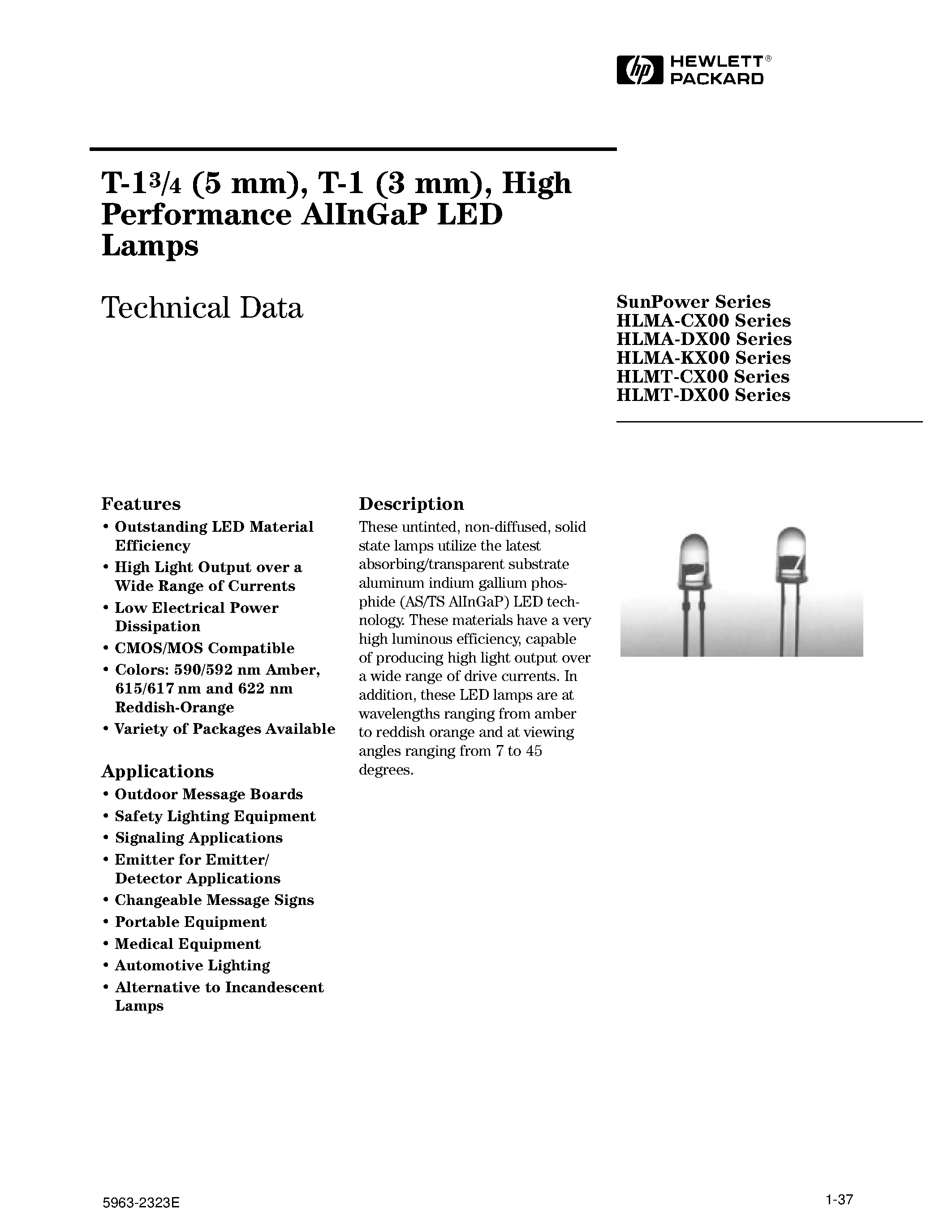 Datasheet HLMT-DX00 - T-13/4 (5 mm)/ T-1 (3 mm)/ High Performance AlInGaP LED Lamps page 1