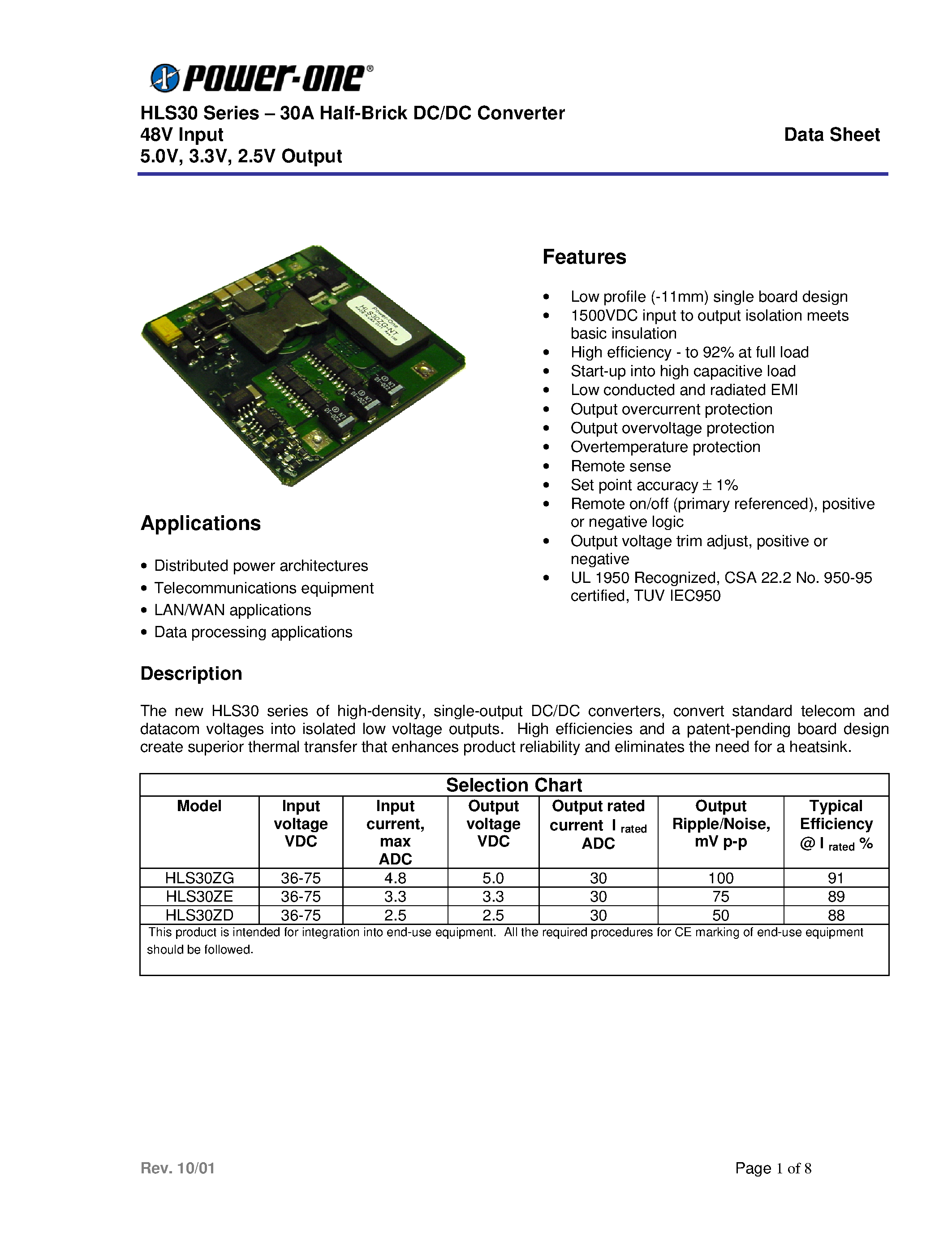 Datasheet HLS30ZD page 1 Datasheet HLS30ZD - HLS30 Series . 30A Half-Brick DC/DC Converter 48V Input 5.0V/ 3.3V/ 2.5V Output page 1