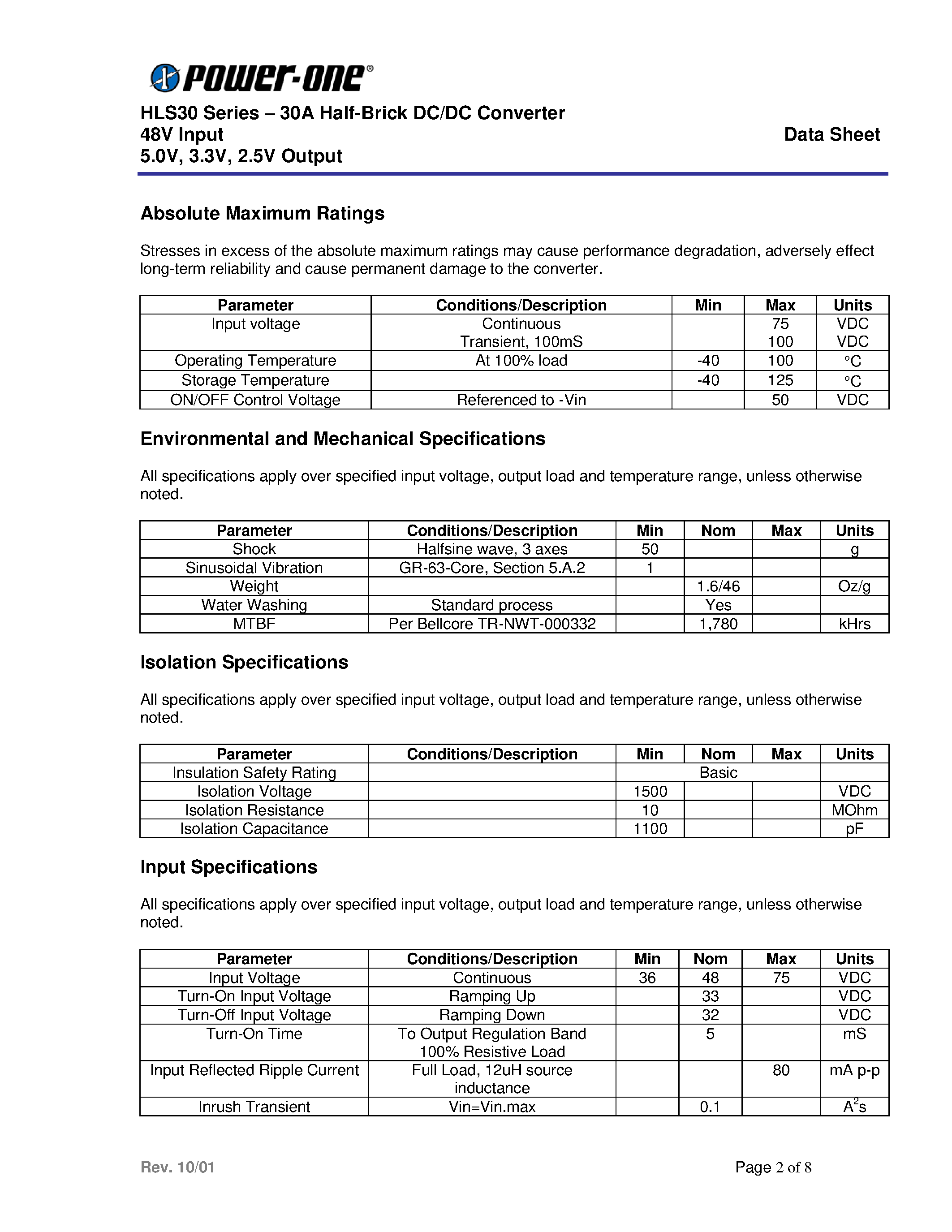 Datasheet HLS30ZG page 2 Datasheet HLS30ZG - HLS30 Series . 30A Half-Brick DC/DC Converter 48V Input 5.0V/ 3.3V/ 2.5V Output page 2