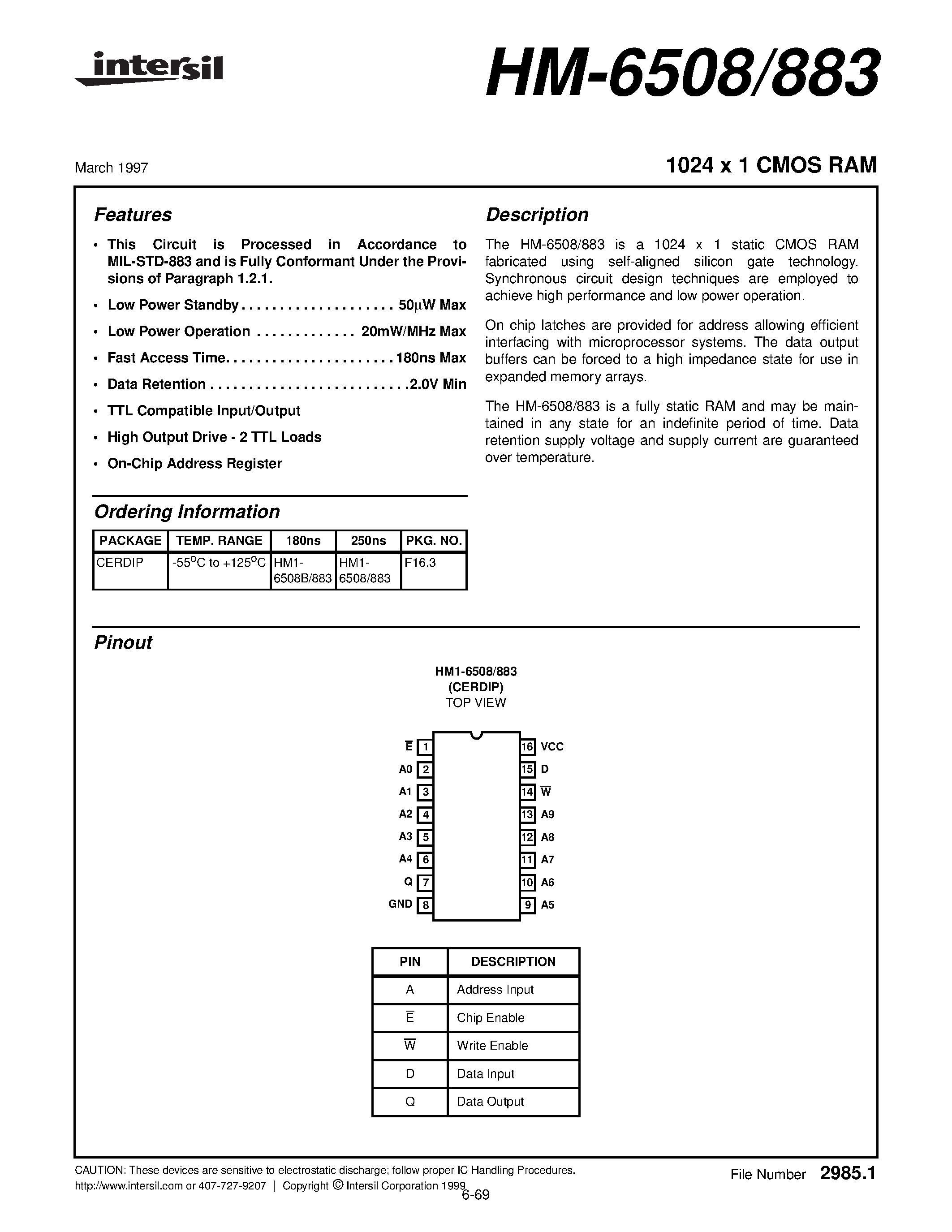 Даташит на микросхему HM1-6508B883 страница 1 Даташит HM1-6508B883 - 1024 x 1 CMOS RAM страница 1