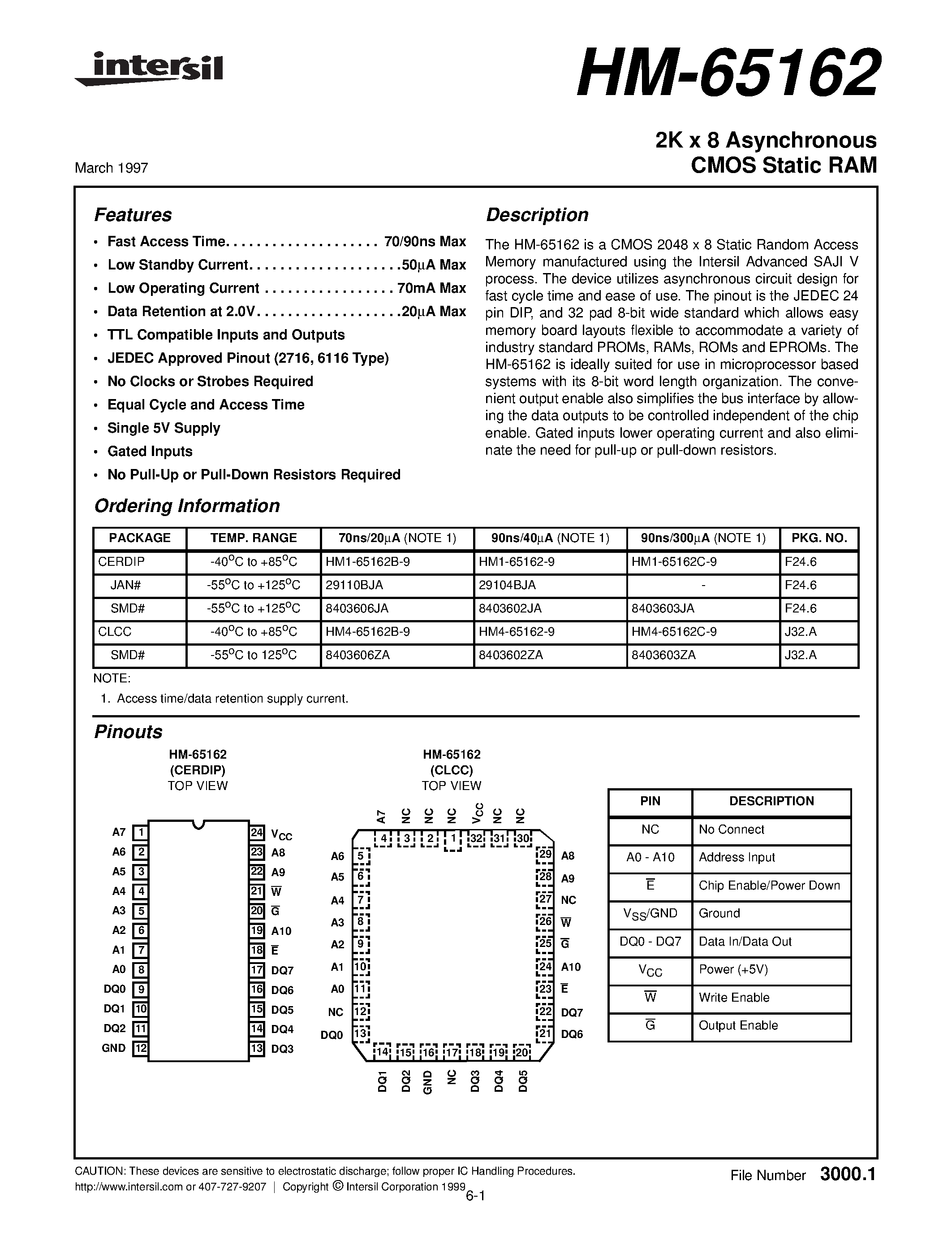 Datasheet HM1-65162B-9 page 1 Datasheet HM1-65162B-9 - 2K x 8 Asynchronous CMOS Static RAM page 1