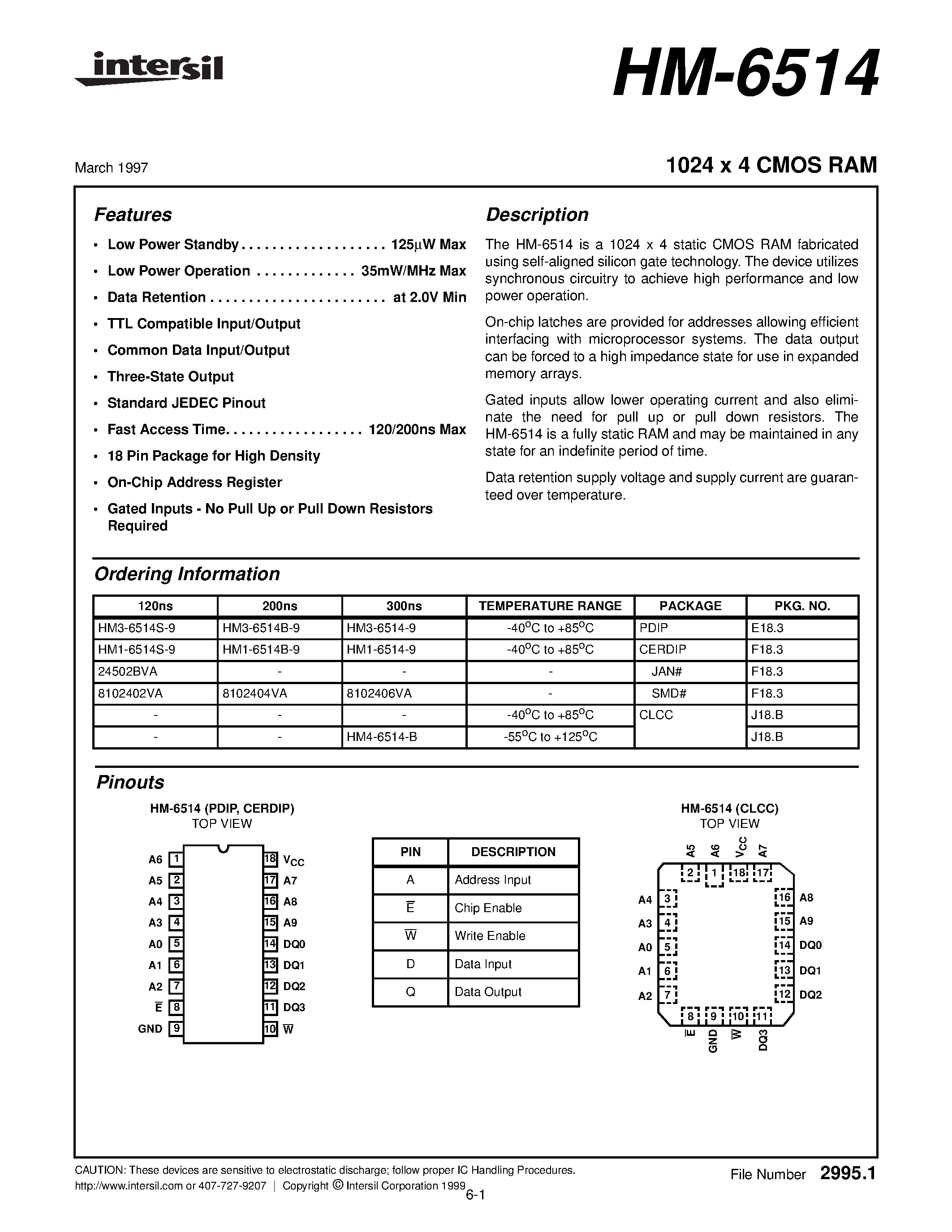 Datasheet HM4-6514-B page 1 Datasheet HM4-6514-B - 1024 x 4 CMOS RAM page 1