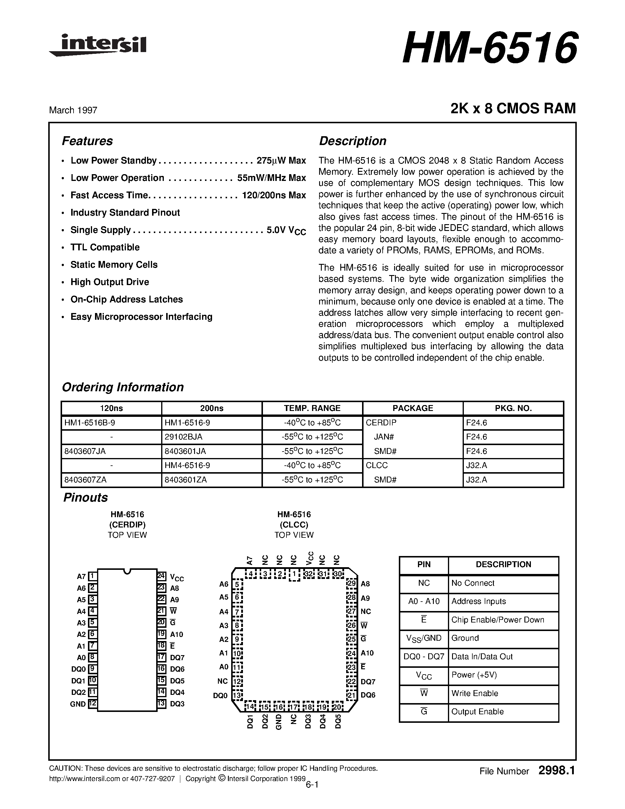 Datasheet HM4-6516-9 - 2K x 8 CMOS RAM page 1