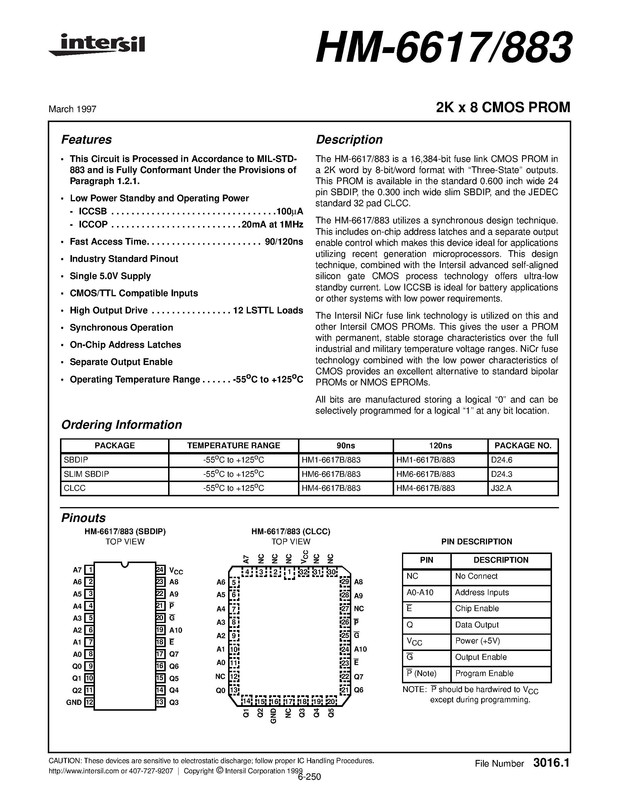 Даташит на микросхему HM4-6617B883 страница 1 Даташит HM4-6617B883 - 2K x 8 CMOS PROM страница 1