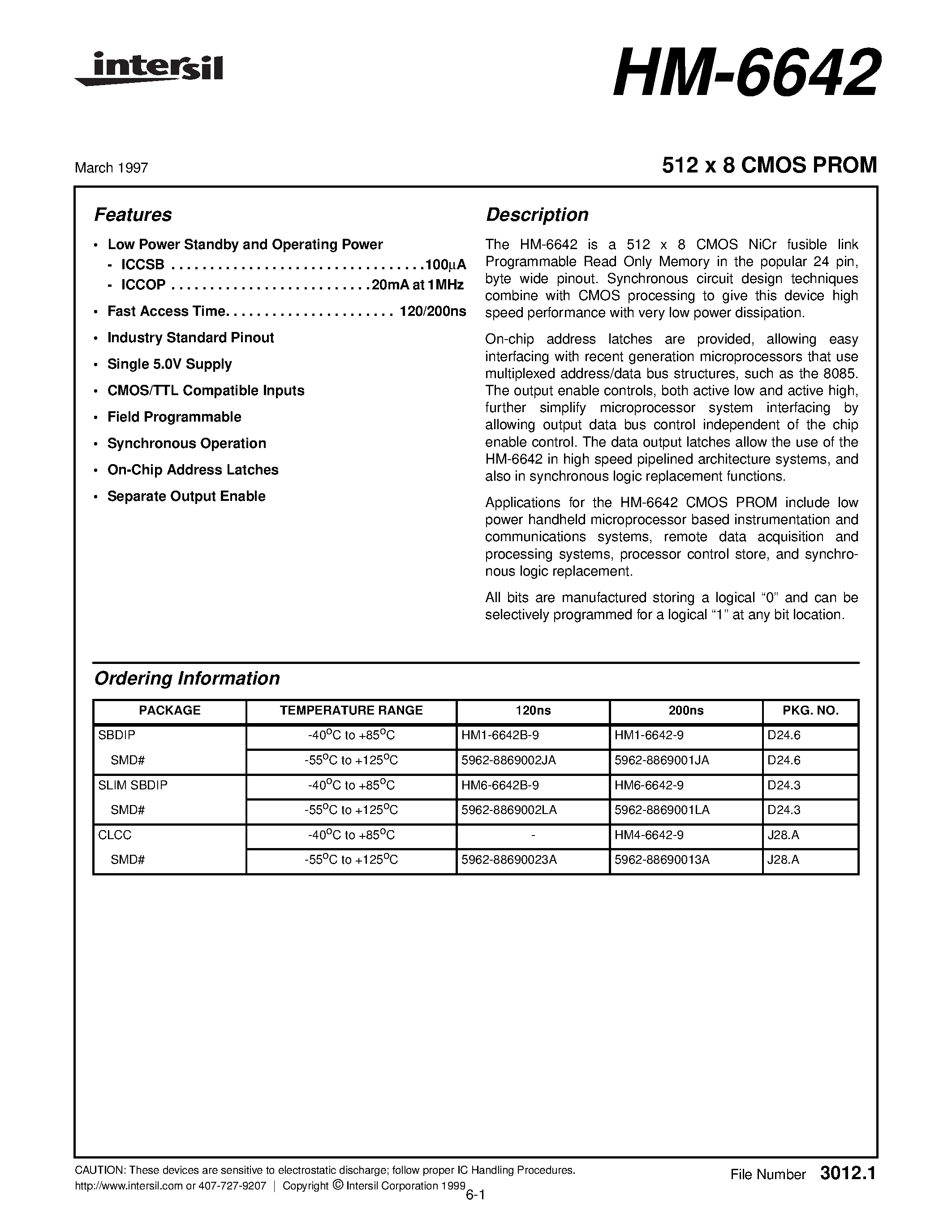 Datasheet HM4-6642-9 page 1 Datasheet HM4-6642-9 - 512 x 8 CMOS PROM page 1