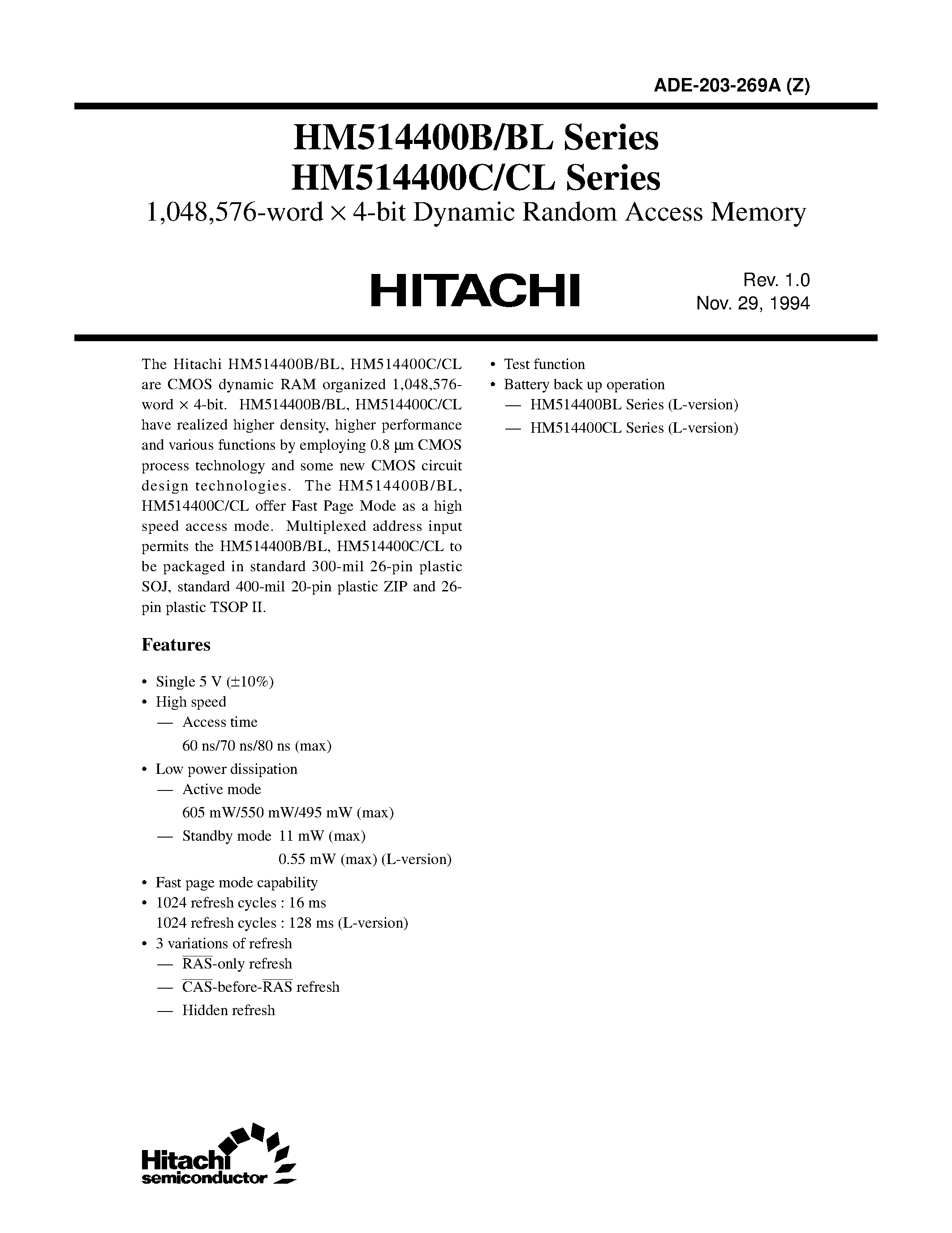 Даташит HM514400C - 1/048/576-word X 4-bit Dynamic Random Access Memory страница 1