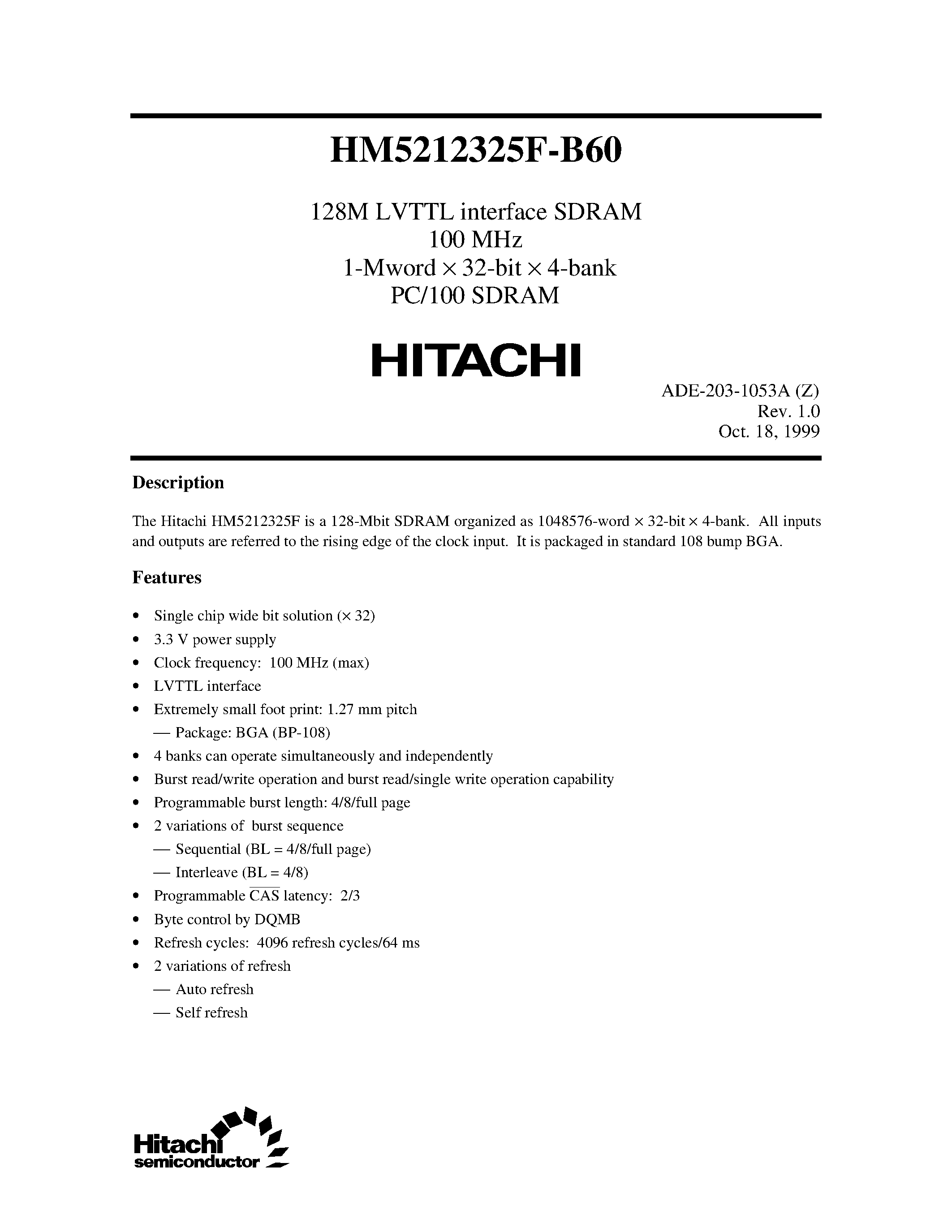 Datasheet HM5212325F - 128M LVTTL interface SDRAM 100 MHz 1-Mword x 32-bit x 4-bank PC/100 SDRAM page 1