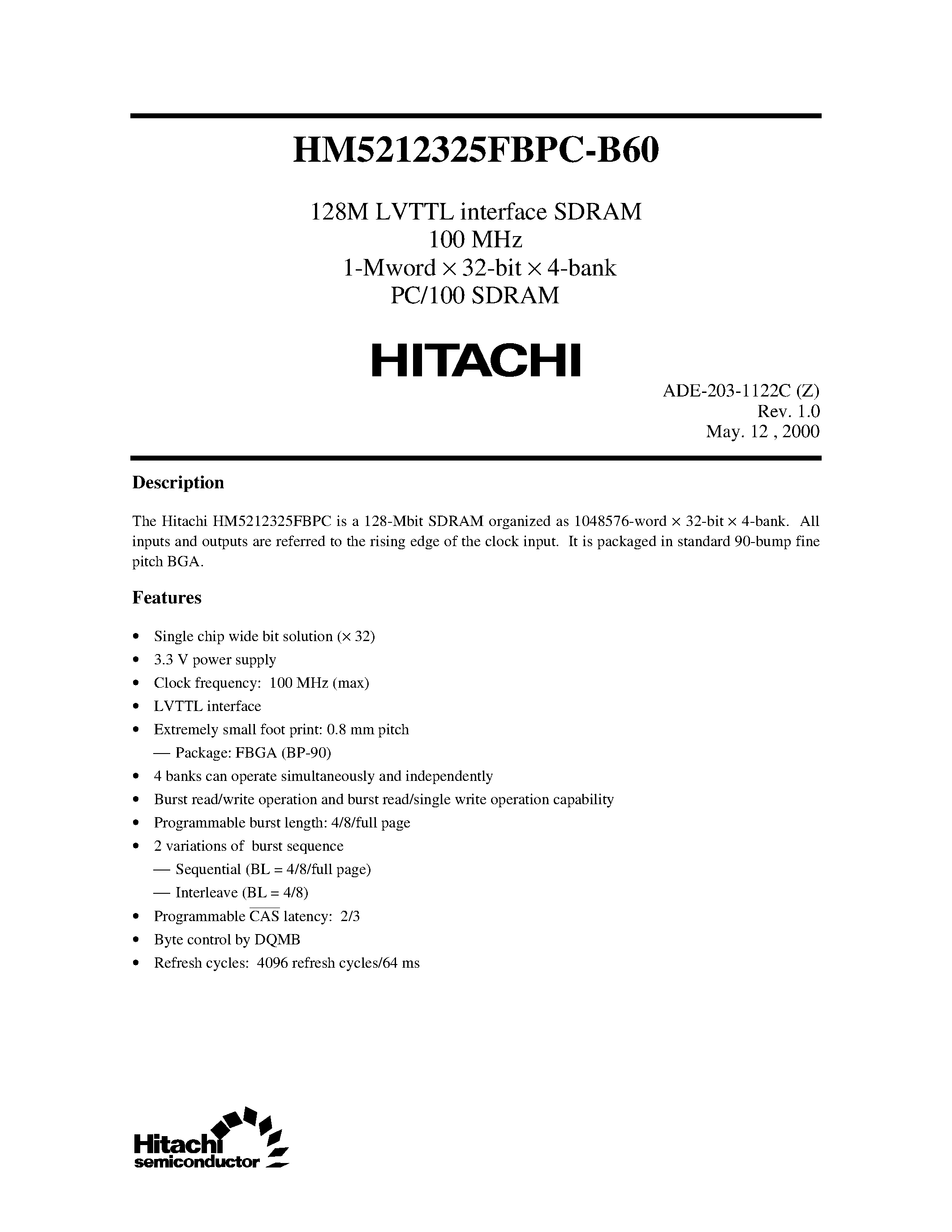 Datasheet HM5212325FBPC - 128M LVTTL interface SDRAM 100 MHz 1-Mword x 32-bit x 4-bank PC/100 SDRAM page 1